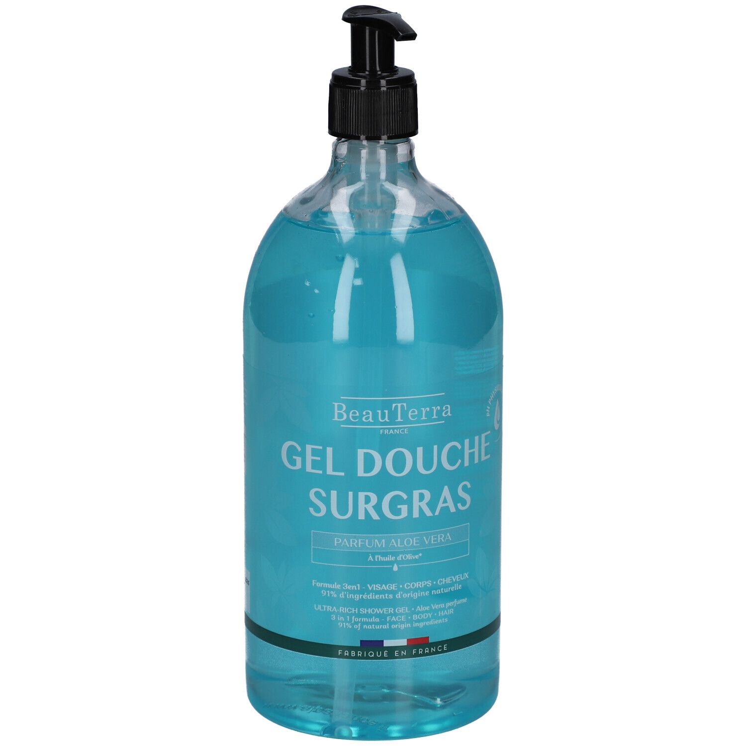 Transparente Flasche mit blauem Duschgel. Schwarzer Spender. Aufschrift: Gel Douche Surgras, Parfum Aloe Vera.