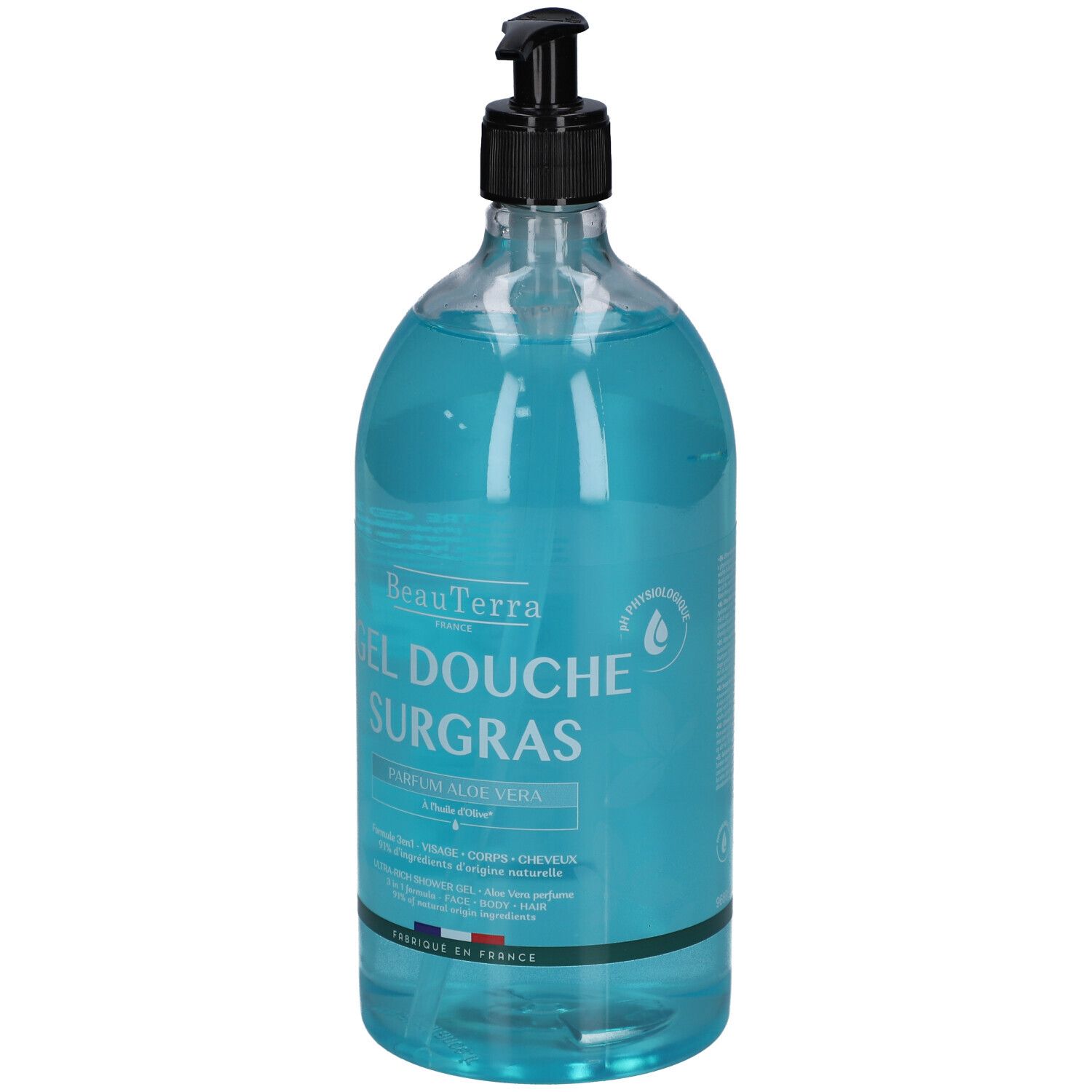 Transparente Flasche mit blauem Duschgel. Schwarzer Spender. Aufschrift: Gel Douche Surgras, Parfum Aloe Vera.