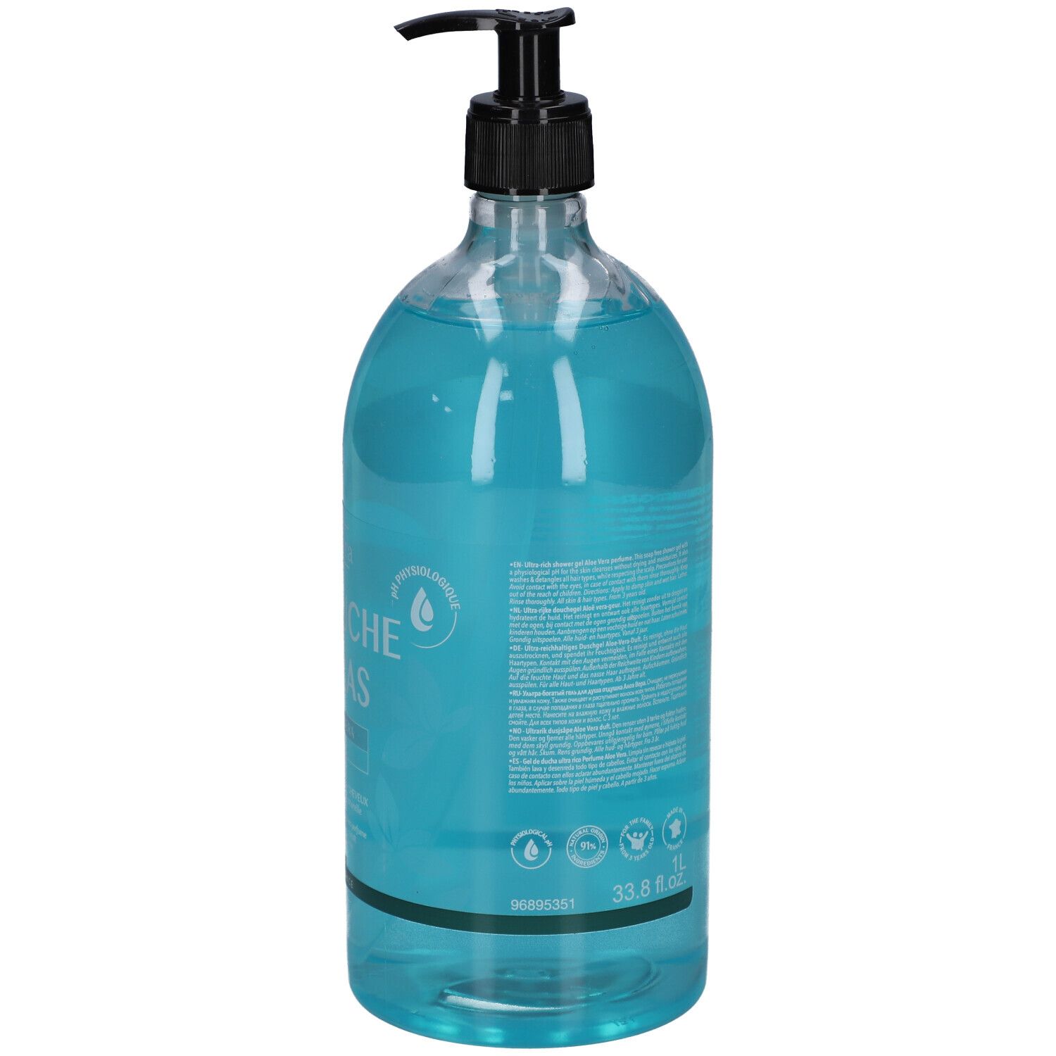 Rückseite der transparenten Flasche mit blauem Duschgel. Schwarzer Spender. Text und Logos.