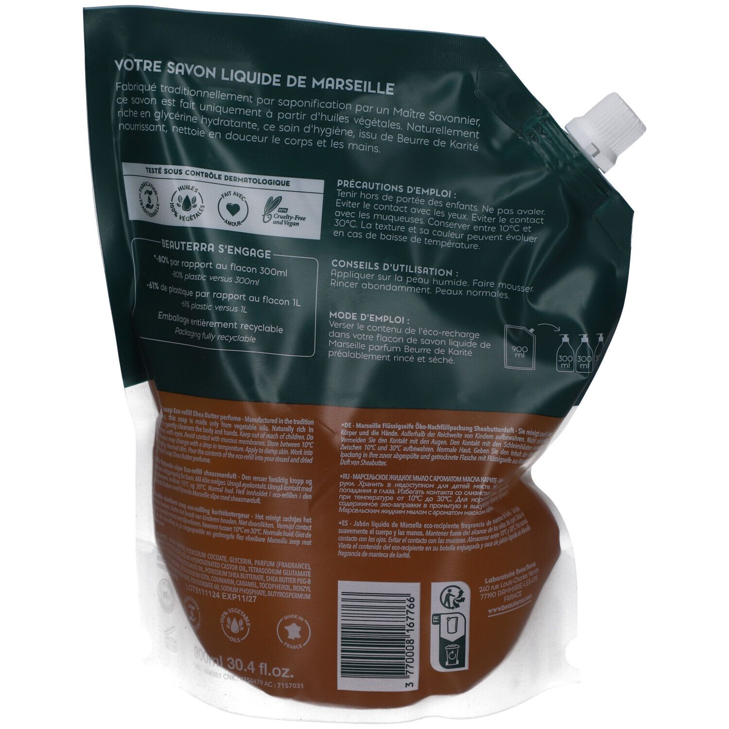 Dos de la recharge. Emballage vert-brun avec texte. Texte: Votre Savon Liquide de Marseille, Marseille Liquid Soap.