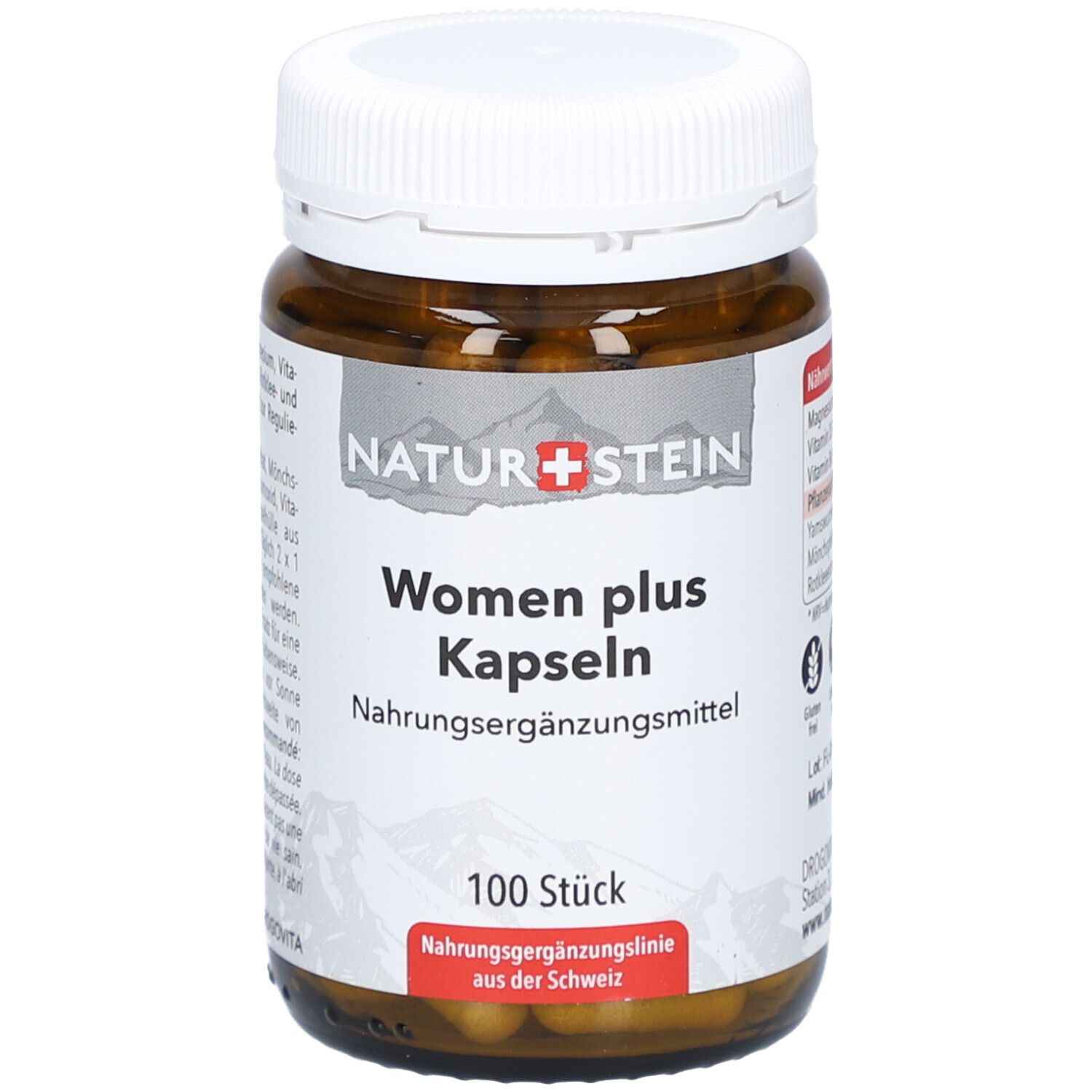 Braune Glasflasche mit weißen Deckel. Aufschrift: NATURSTEIN Women plus Kapseln. 100 Stück. Nahrungsergänzungsmittel.
