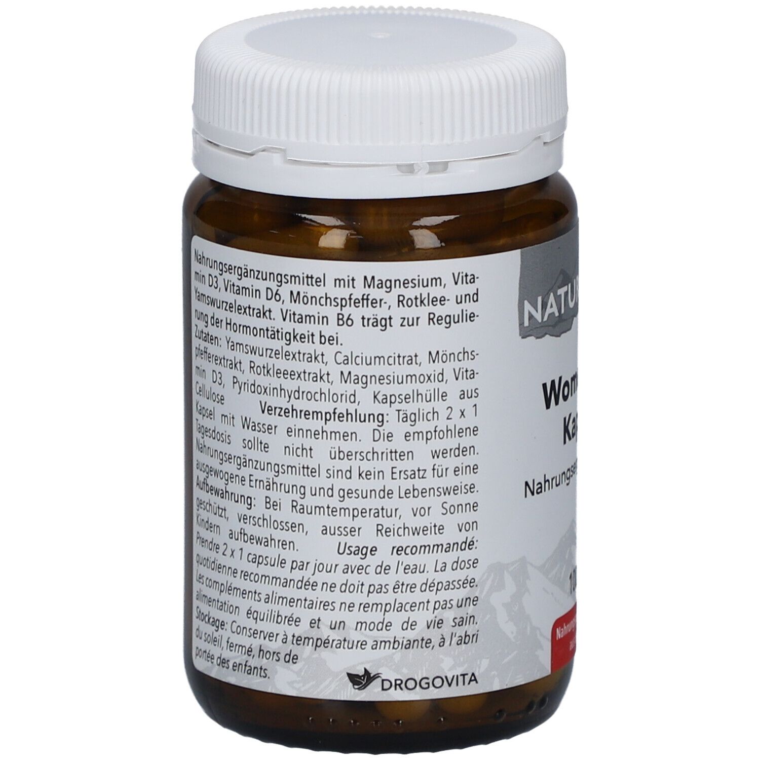 Rückseite der braunen Glasflasche. Text: Nahrungsergänzungsmittel mit Magnesium, Vitamin D3, Vitamin B6, Mönchspfeffer, Rotklee. Gebrauchsanweisung.