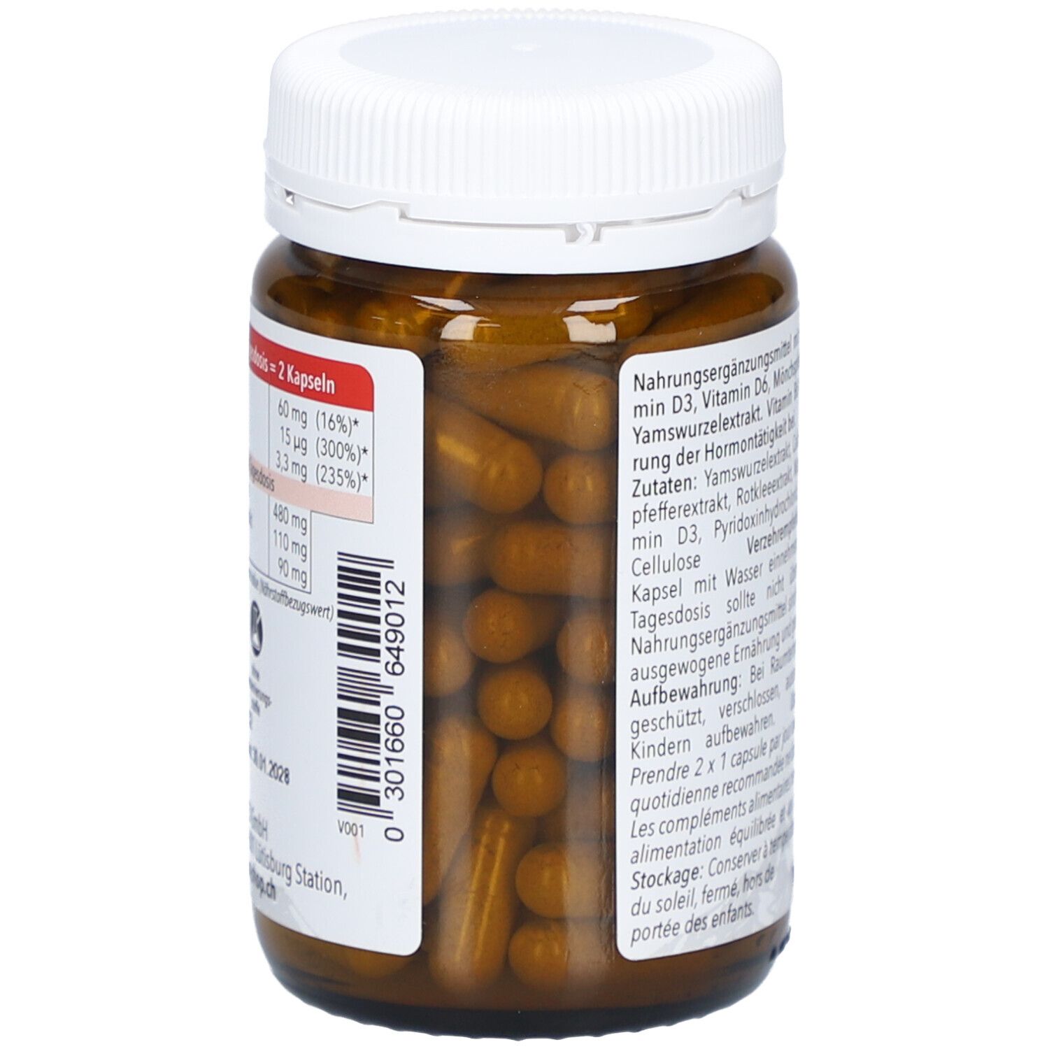 Braune Kapseln in einer braunen Glasflasche. Aufschrift: Nährwertangaben pro Tagesdosis. Barcode und weitere Informationen.