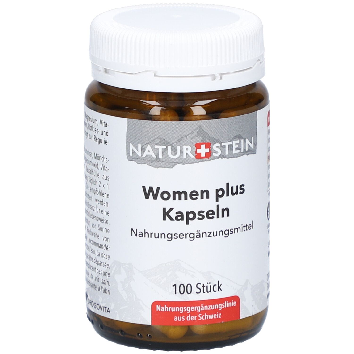 Braune Glasflasche mit weißen Deckel. Aufschrift: NATURSTEIN Women plus Kapseln. 100 Stück. Nahrungsergänzungsmittel.