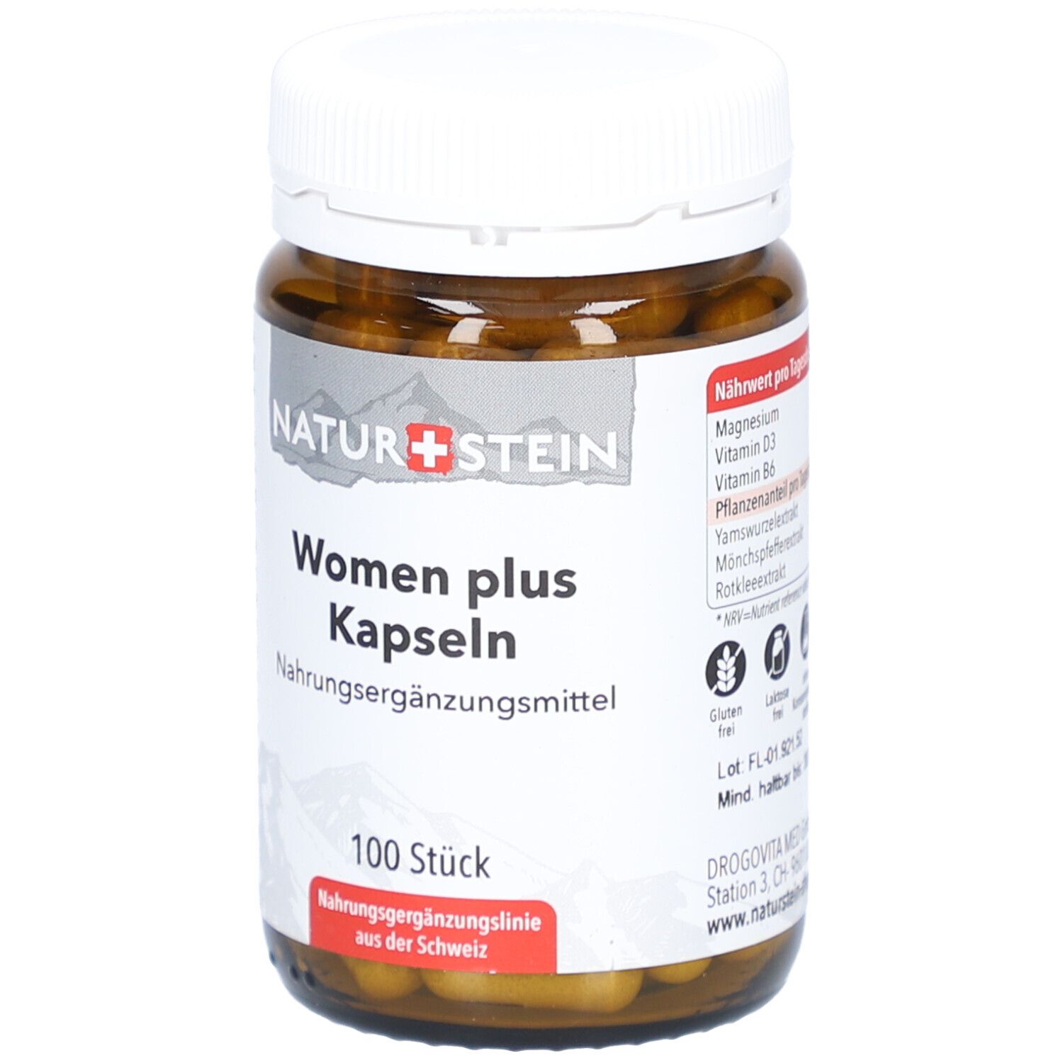 Braune Glasflasche mit weißen Deckel. Aufschrift: NATURSTEIN Women plus Kapseln. 100 Stück. Nahrungsergänzungsmittel. Glutenfrei, laktosefrei.