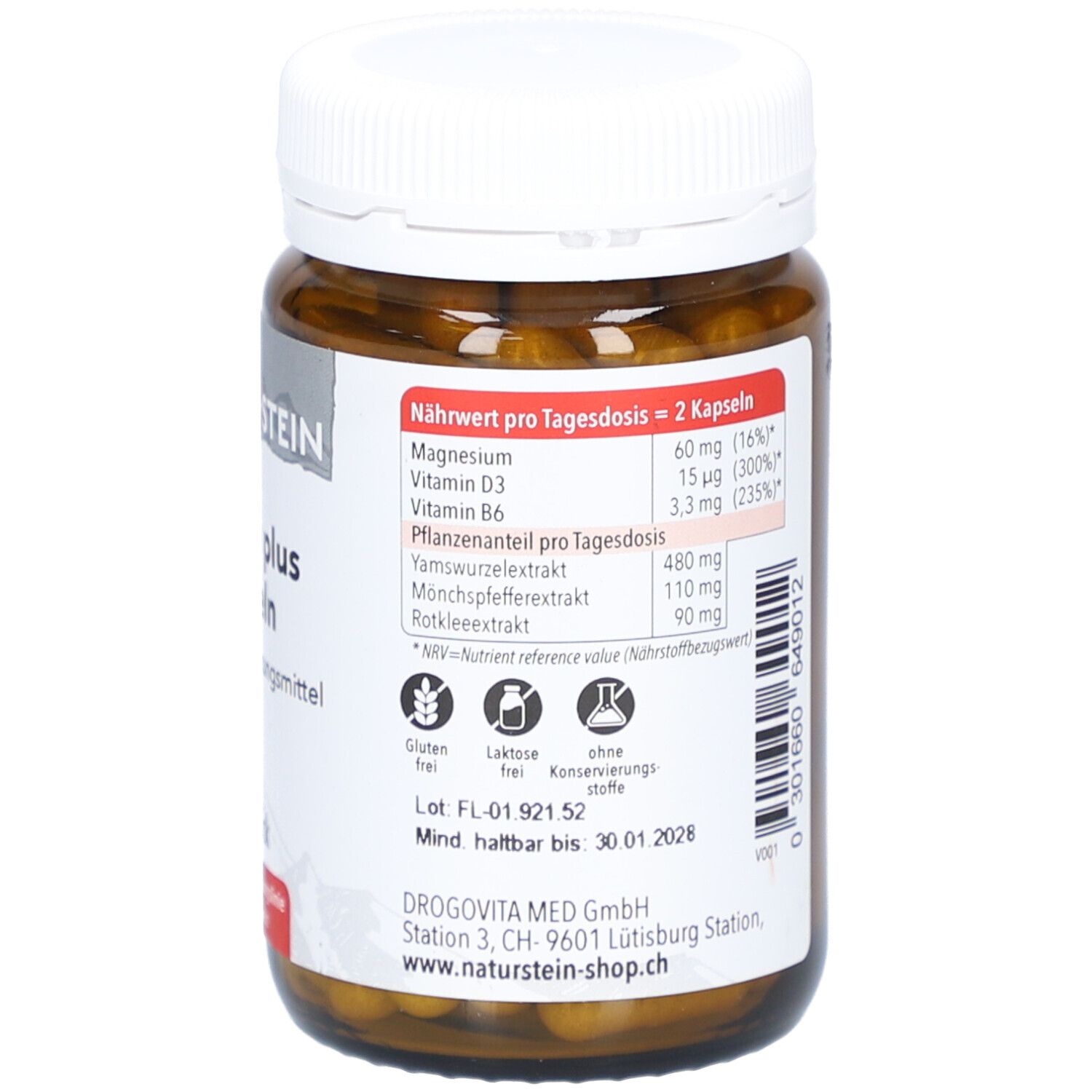Rückseite der braunen Glasflasche. Aufschrift: Nährwert pro Tagesdosis. Glutenfrei, laktosefrei. Mind. haltbar bis 30.01.2028.