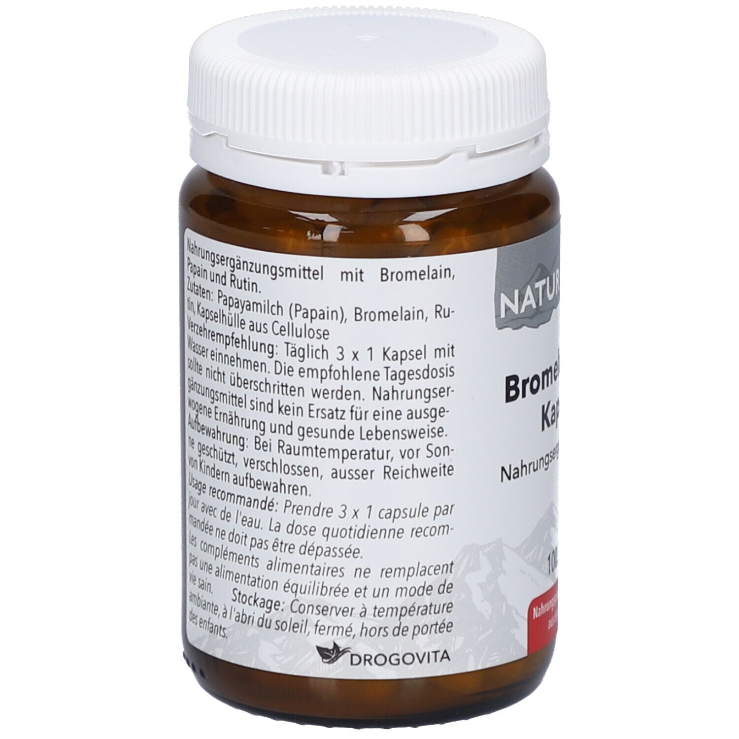 Dos du flacon en verre brun avec bouchon blanc. Informations textuelles sur l'étiquette.