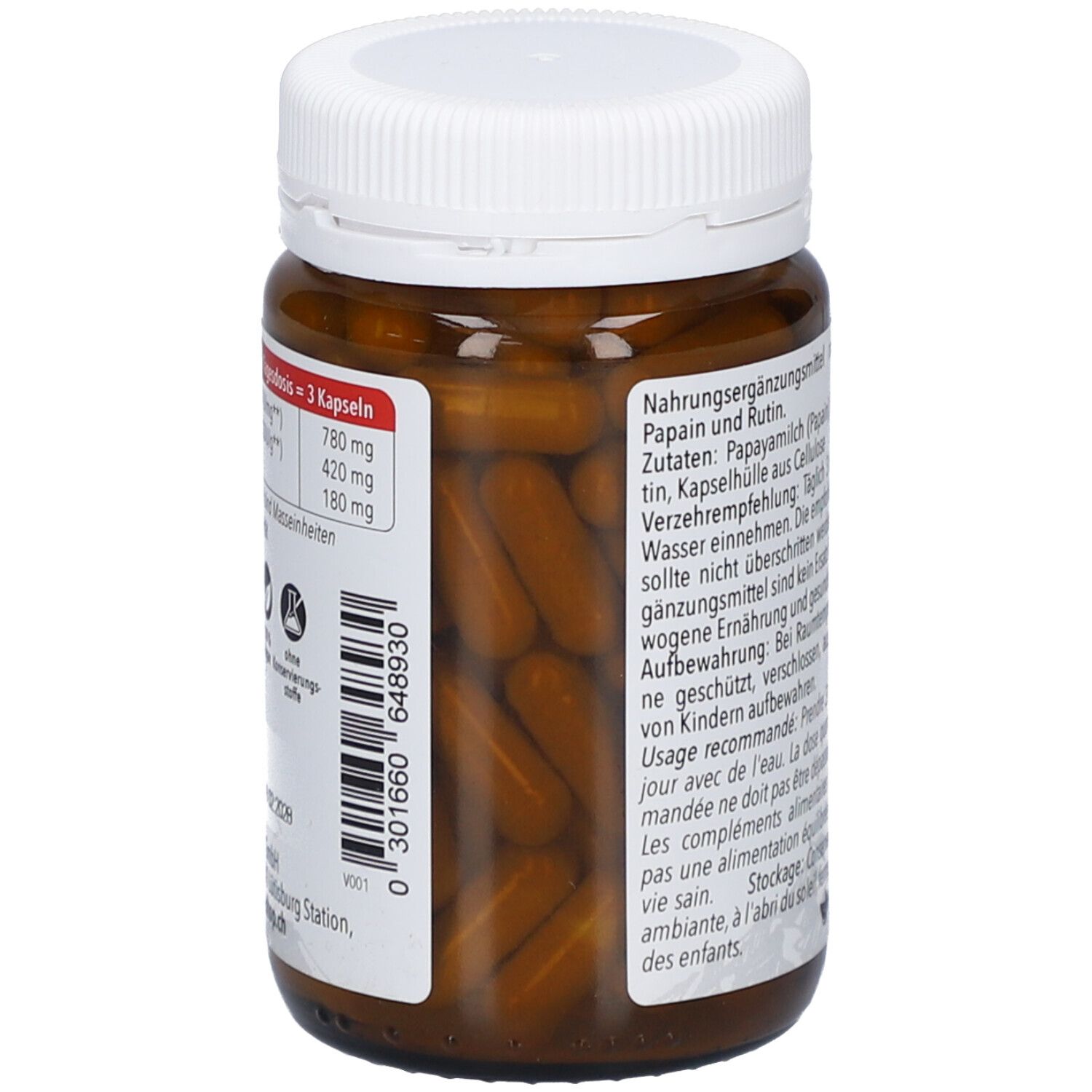 Gélules brunes dans un flacon en verre brun avec bouchon blanc. Étiquette avec informations produit.