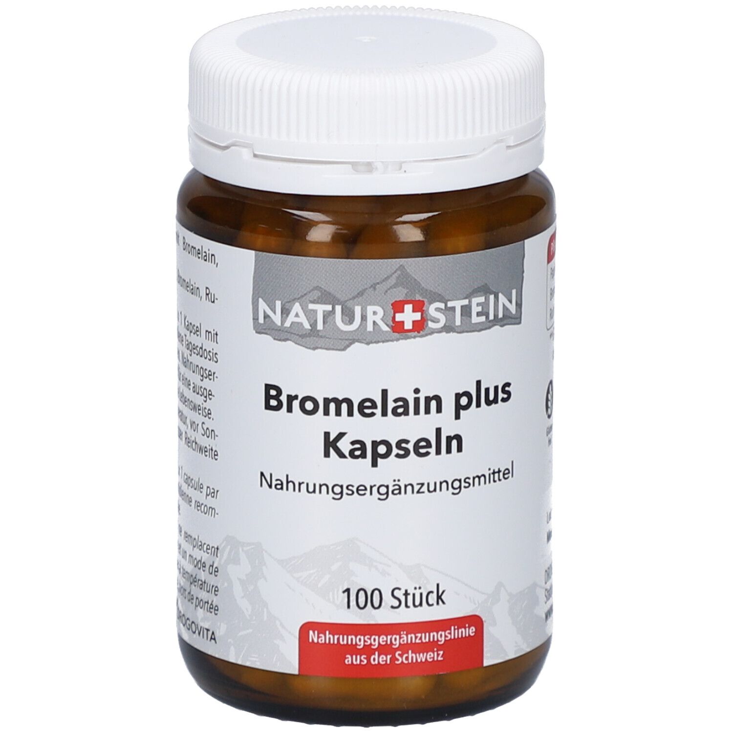 Flacon en verre brun avec bouchon blanc. Étiquette avec nom du produit, marque NATURSTEIN et "100 pièces".