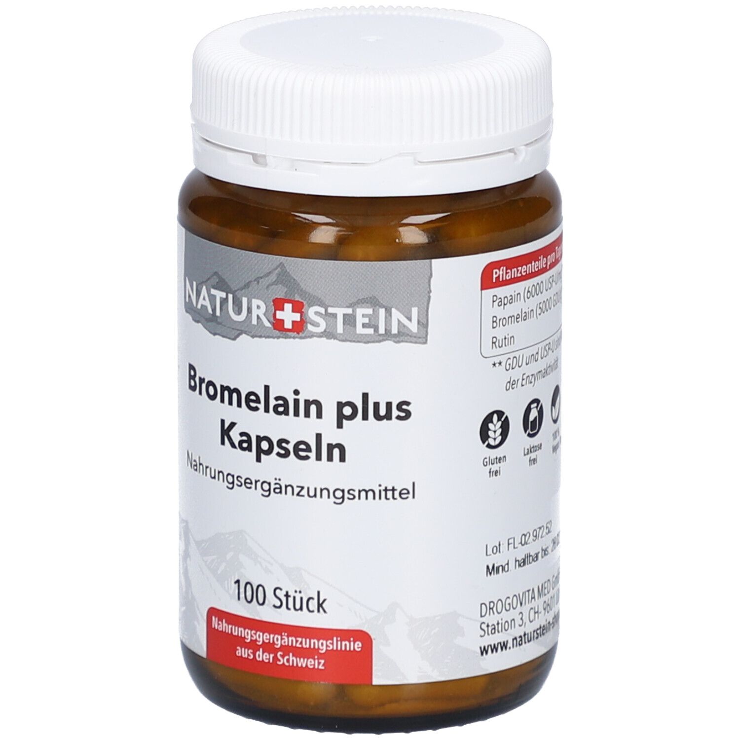 Flacon en verre brun avec bouchon blanc. Étiquette avec nom du produit, marque NATURSTEIN et "100 pièces".