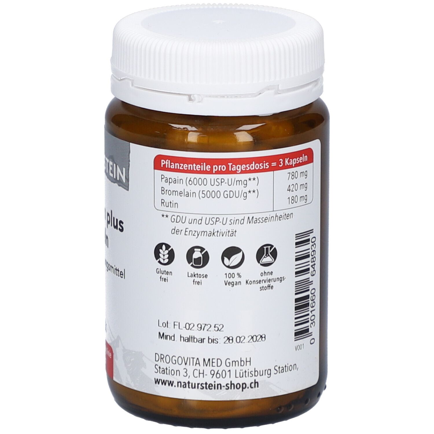 Dos du flacon en verre brun avec bouchon blanc. Étiquette avec ingrédients et certifications.