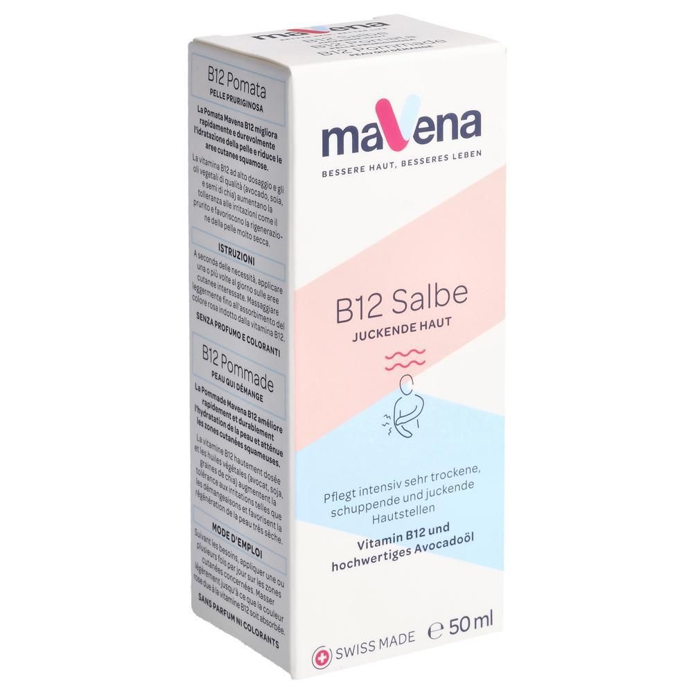 MAVENA B12 Salbe Karton mit Tubenabbildung, Text auf Deutsch, Italienisch, Niederländisch und Französisch.