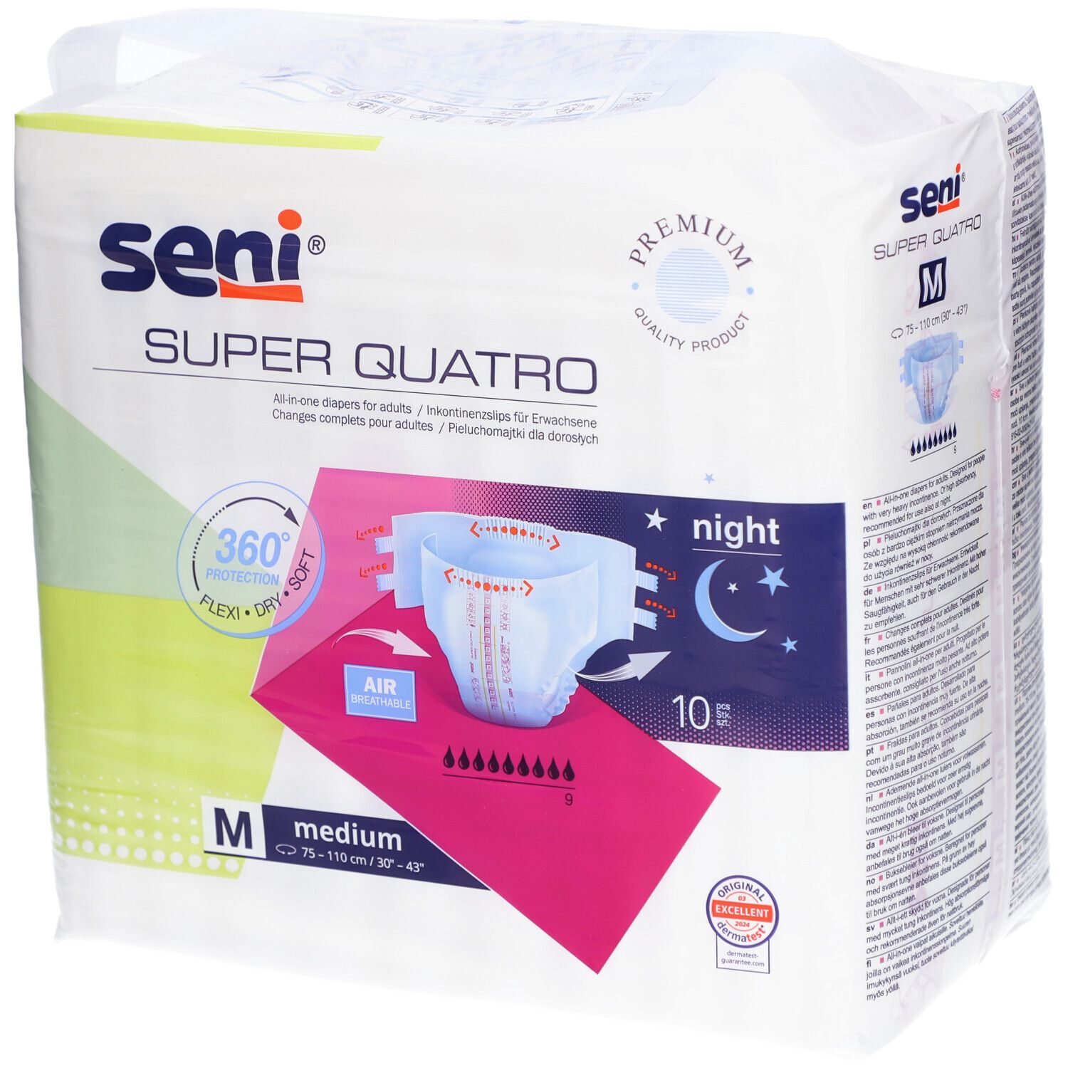 Paquet de Seni Super Quatro Night Medium. Taille M, 10 unités. Protection 360°, souple et doux. Design nuit.