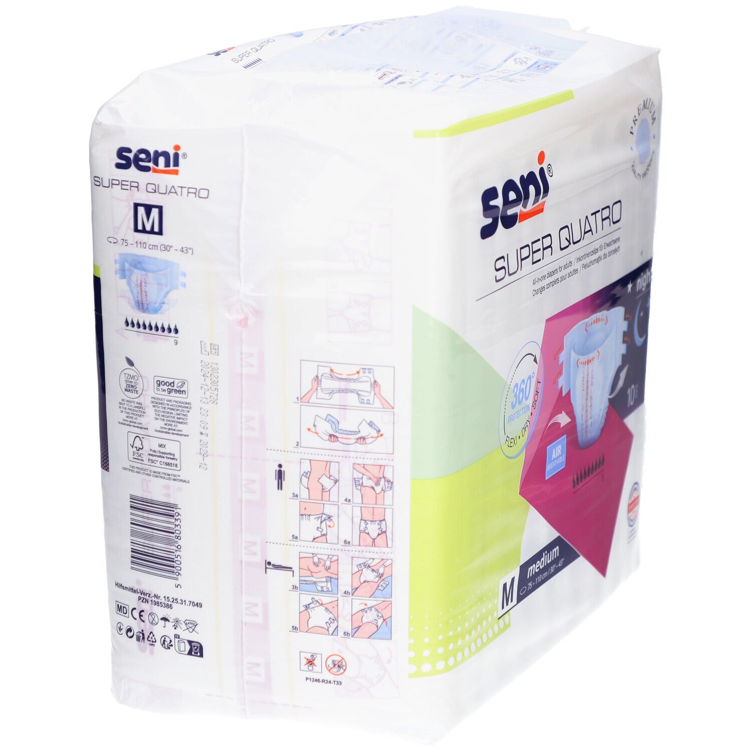 Paquet Seni Super Quatro Night Medium. Taille M. Informations produit et exemples d'utilisation au dos.