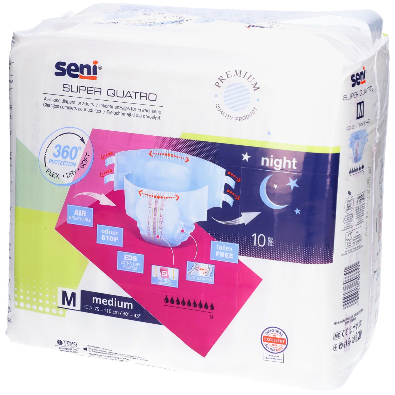 Paquet Seni Super Quatro Night Medium. Taille M, 10 unités. Protection 360°, souple et doux. Design nuit.