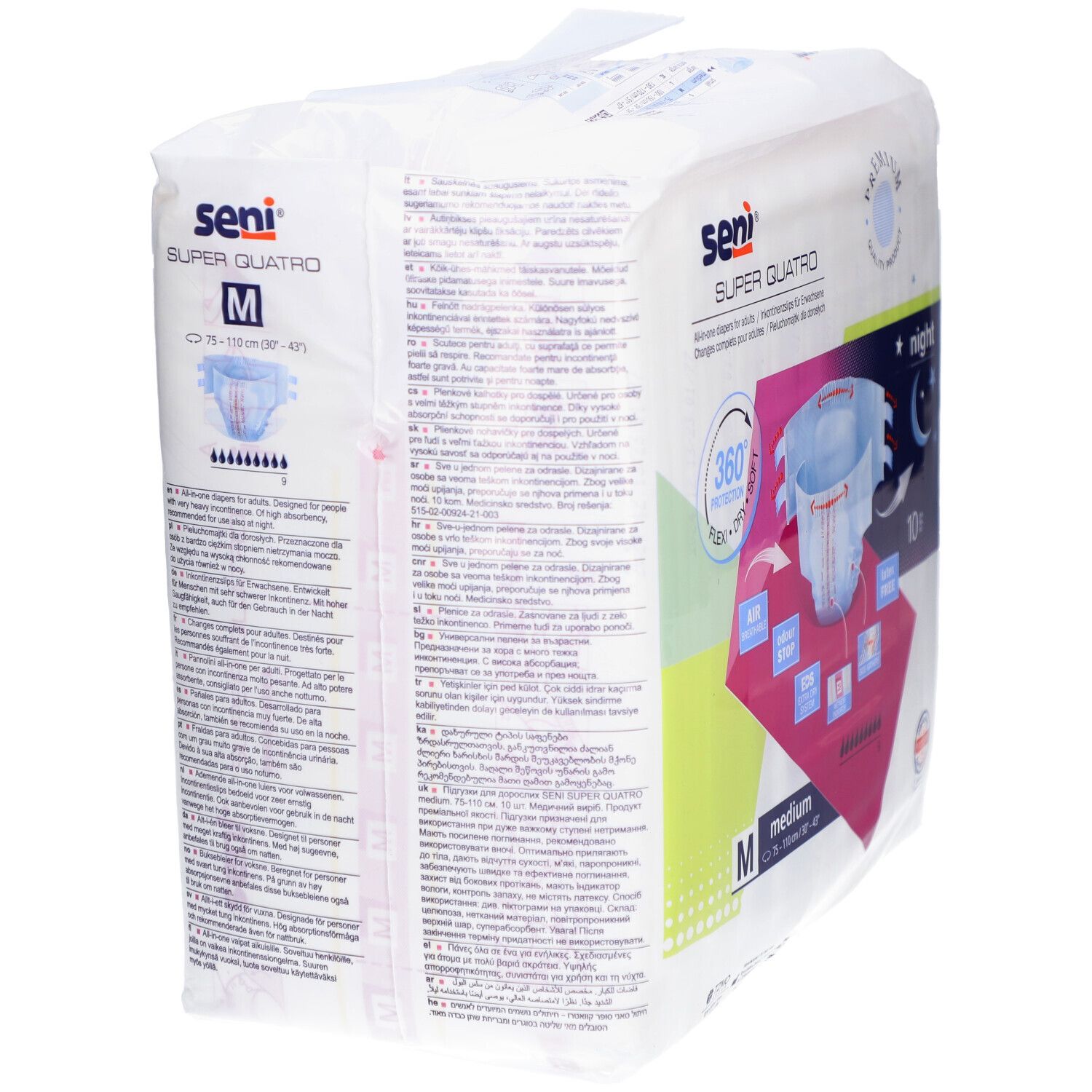 Paquet Seni Super Quatro Night Medium. Taille M. Informations produit au dos.