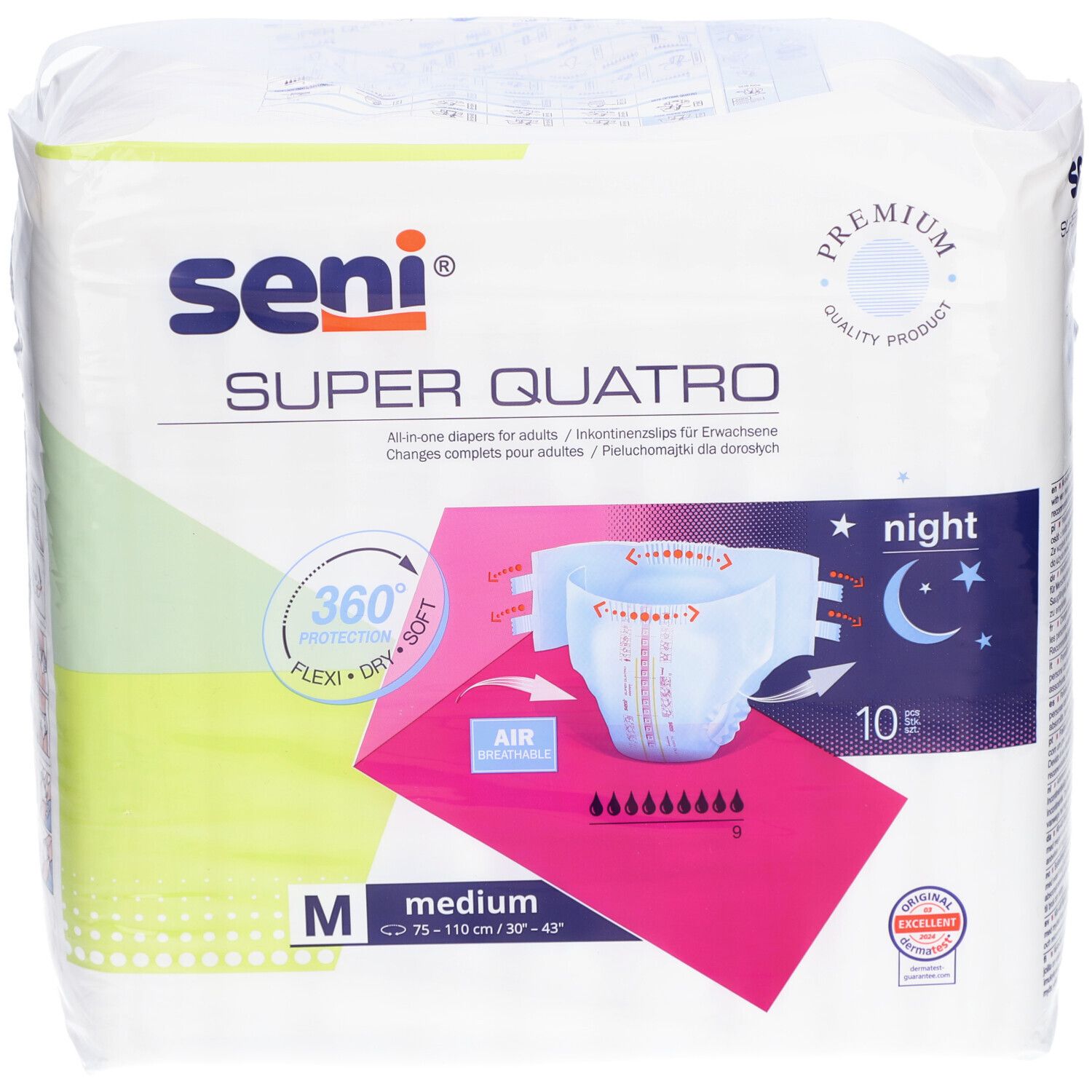Paquet Seni Super Quatro Night Medium. Taille M, 10 unités. Protection 360°, souple et doux. Design nuit.