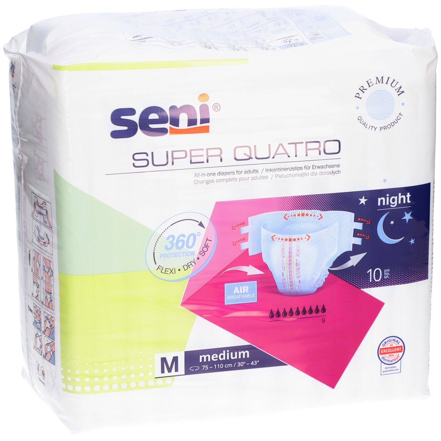 Paquet Seni Super Quatro Night Medium. Taille M, 10 unités. Protection 360°, souple et doux. Design nuit.