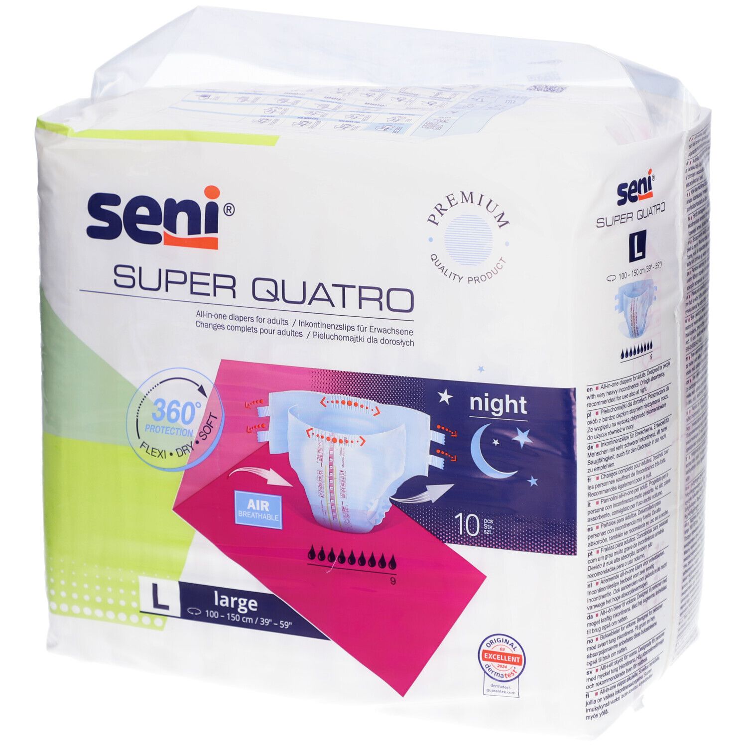 Verpackung von Seni Super Quatro L. Aufdrucke: Seni, Super Quatro, L, night, 10 Stk. Mit Illustration einer Windel.