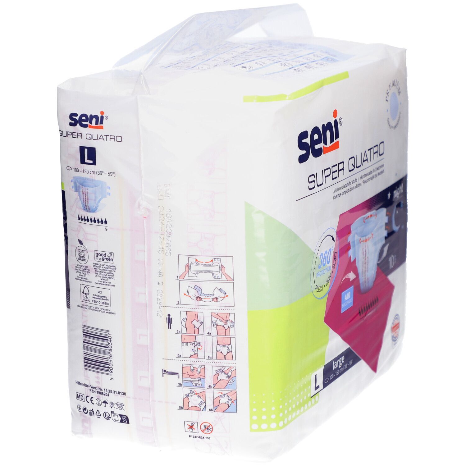 Verpackung von Seni Super Quatro L. Aufdrucke: Seni, Super Quatro, L. Rückseite mit Piktogrammen und Produktinformationen.