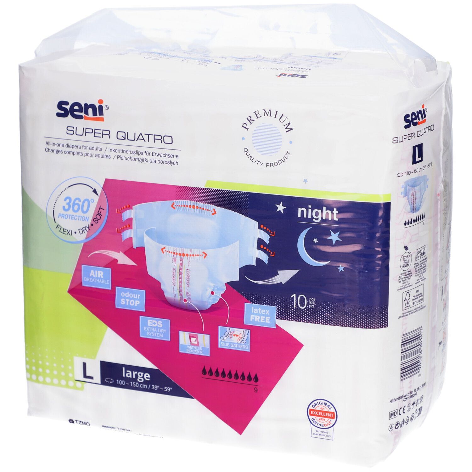 Verpackung von Seni Super Quatro L. Aufdrucke: Seni, Super Quatro, L, night, 10 Stk. Illustration einer Windel mit Merkmalen.