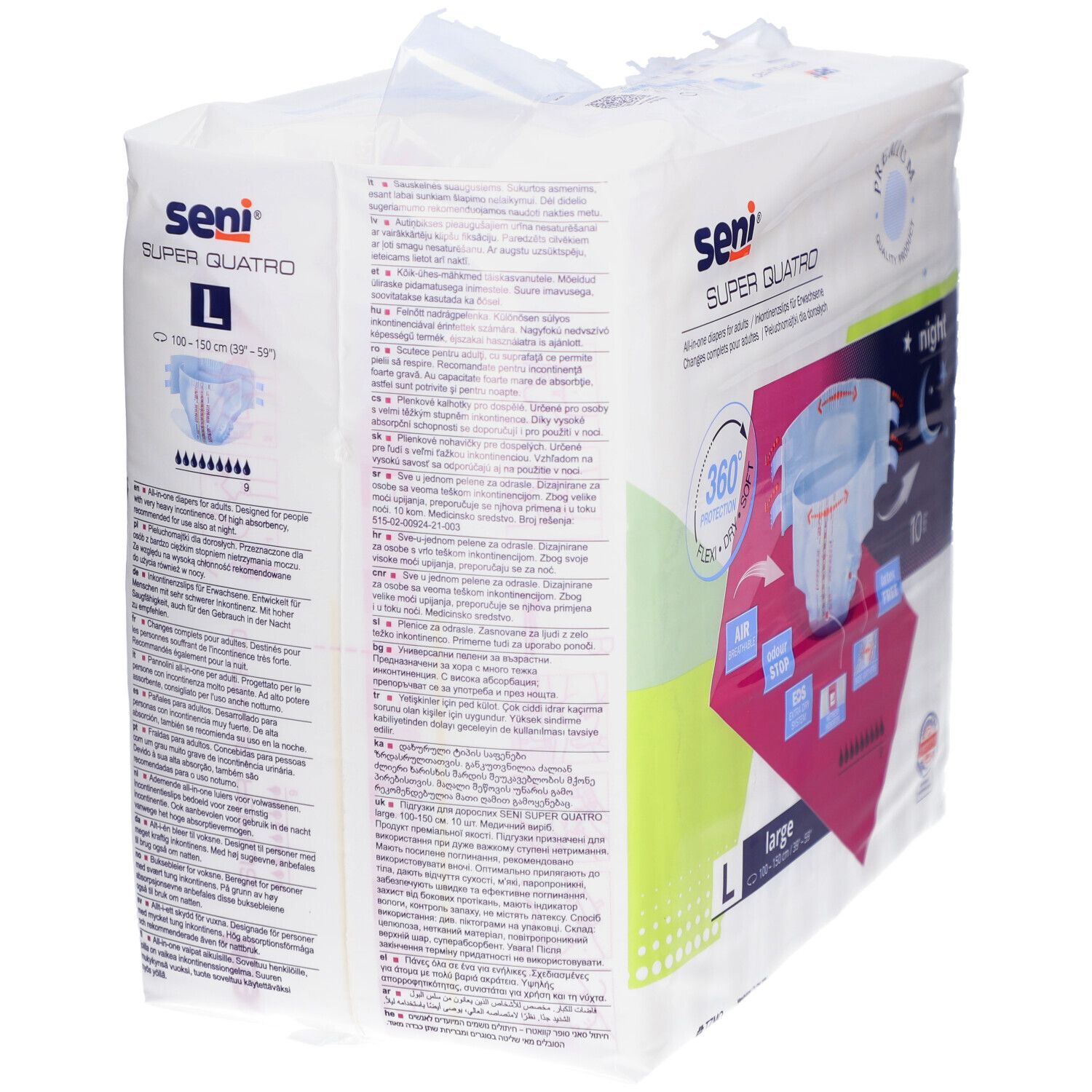 Verpackung von Seni Super Quatro L. Aufdrucke: Seni, Super Quatro, L, night, 10 Stk. Rückseite mit Produktinformationen.