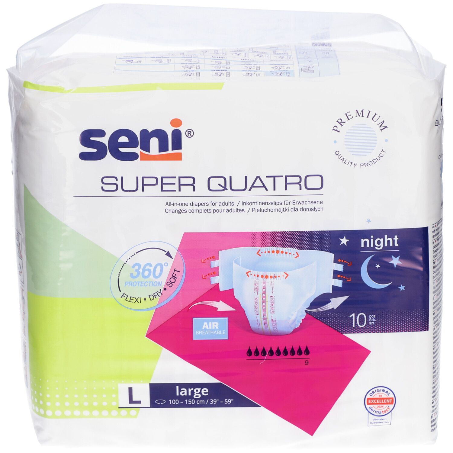 Verpackung von Seni Super Quatro L. Aufdrucke: Seni, Super Quatro, L, night, 10 Stk. Illustration einer Windel mit Merkmalen.