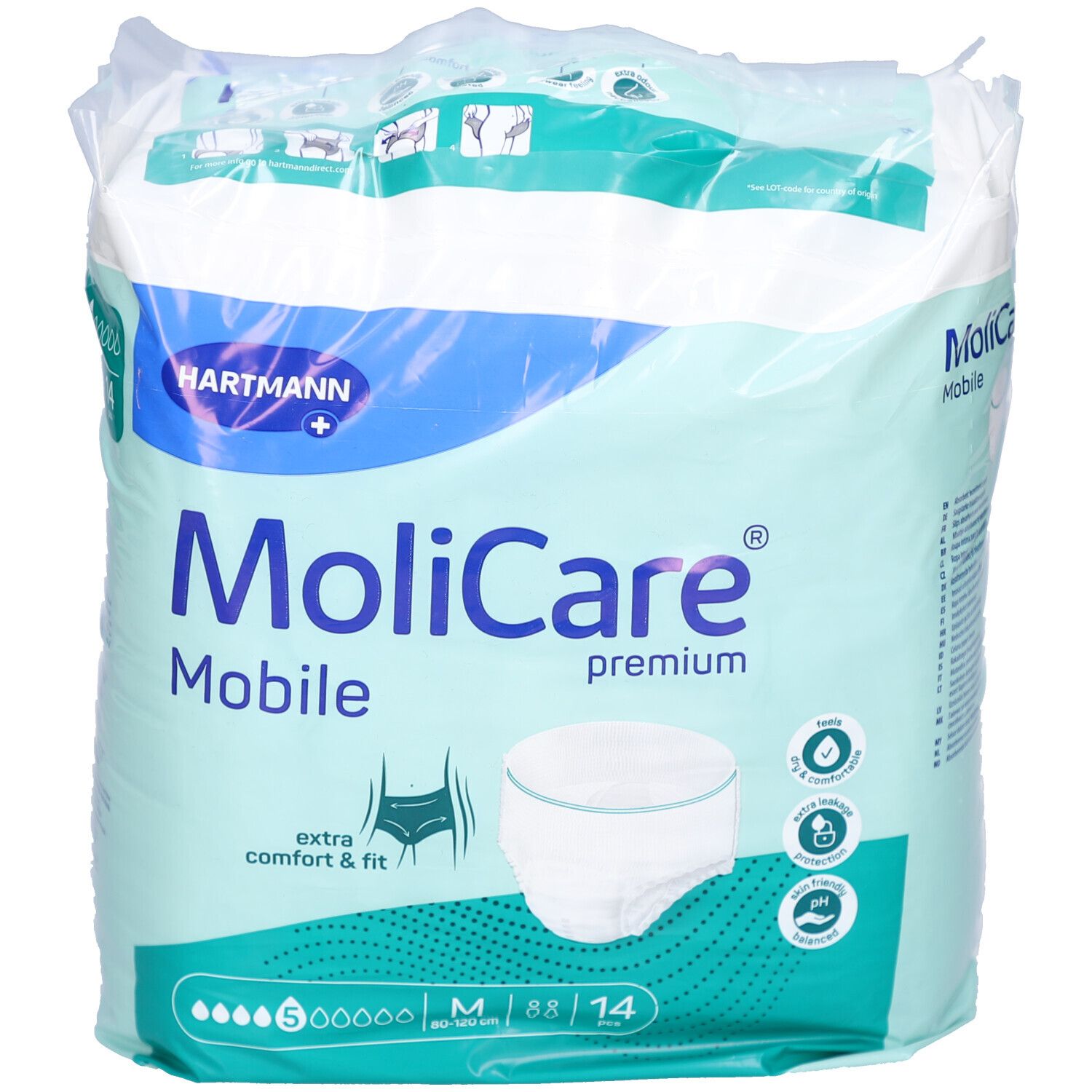 Paquet de MoliCare Mobile Premium. Emballage bleu et blanc avec illustration du produit. Contient 14 pièces, taille M.