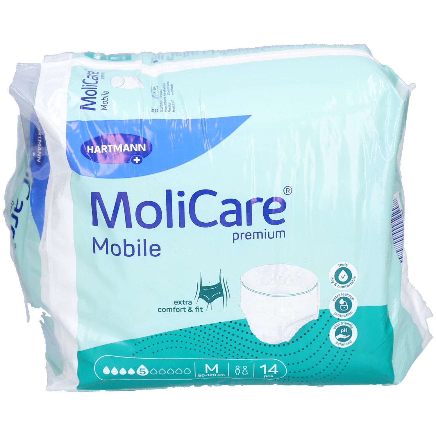 Paquet de MoliCare Mobile Premium. Emballage bleu et blanc avec illustration du produit. Contient 14 pièces, taille M.