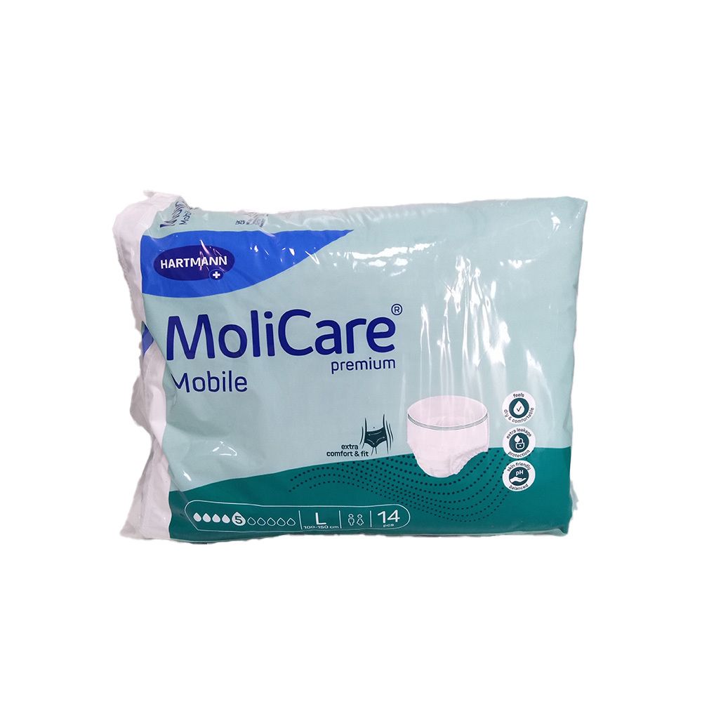 Emballage MoliCare Mobile Premium, taille L, 14 pièces. Emballage bleu et blanc avec image du produit et logo.