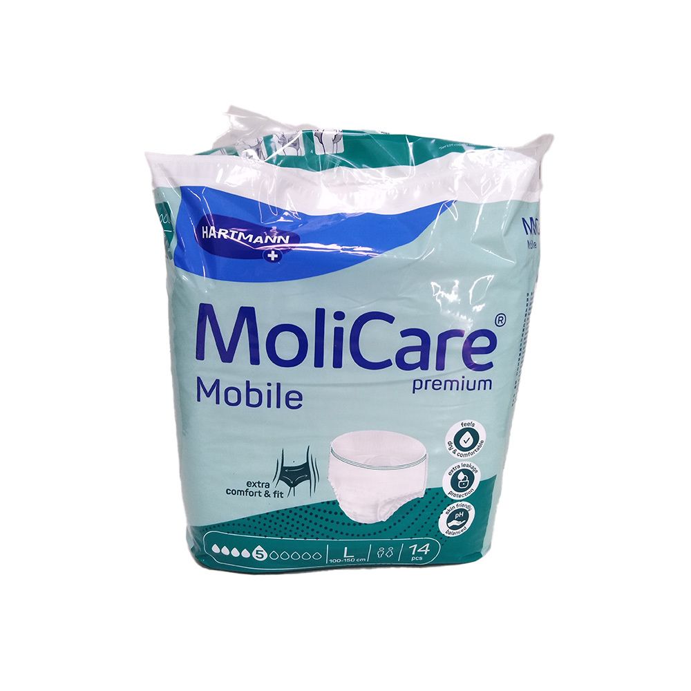 Emballage MoliCare Mobile Premium, taille L, 14 pièces. Emballage bleu et vert avec image du produit et logo.