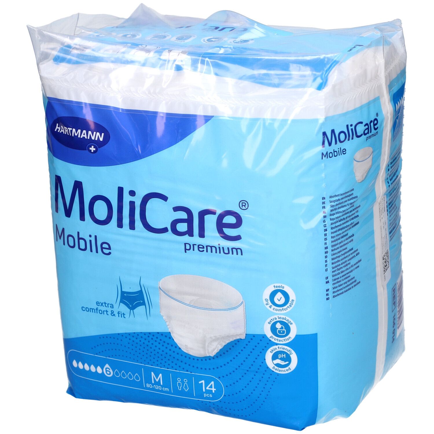 Paquet de MoliCare Mobile, taille M, 14 pièces. Emballage bleu avec image du produit et logo. Logo Hartmann.