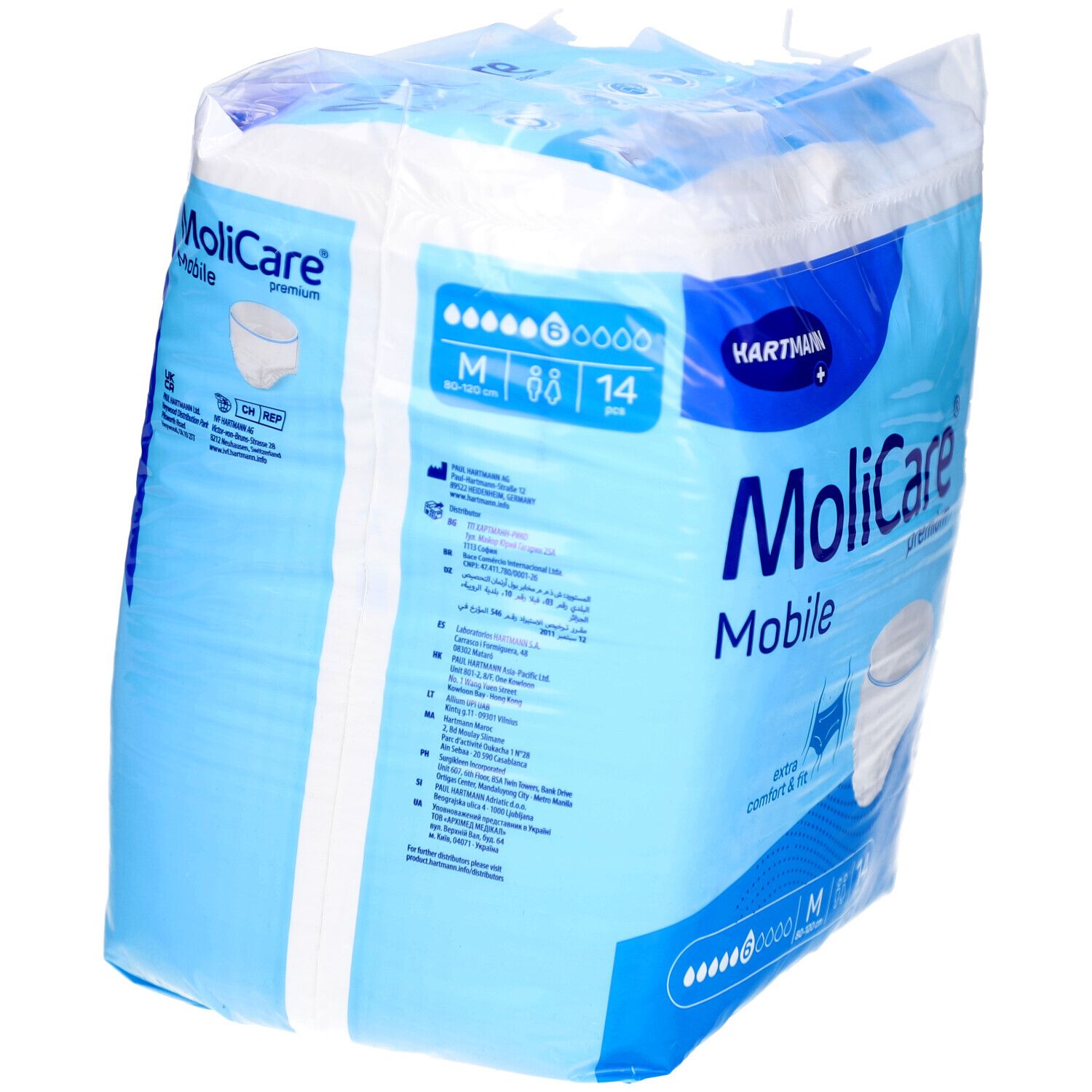Paquet de MoliCare Mobile, taille M, 14 pièces. Emballage bleu avec image du produit et logo. Logo Hartmann.
