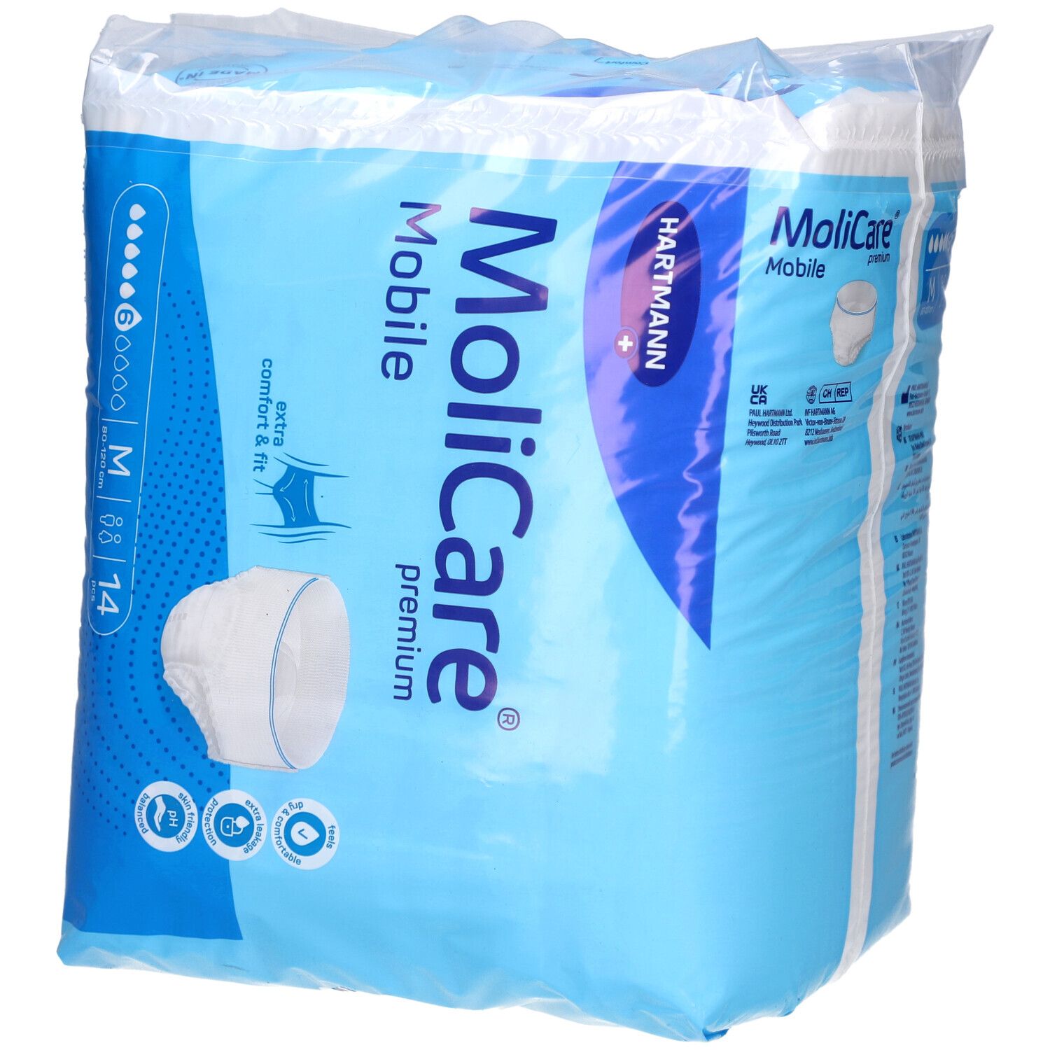 Paquet de MoliCare Mobile, taille M, 14 pièces. Emballage bleu avec image du produit et logo. Logo Hartmann.