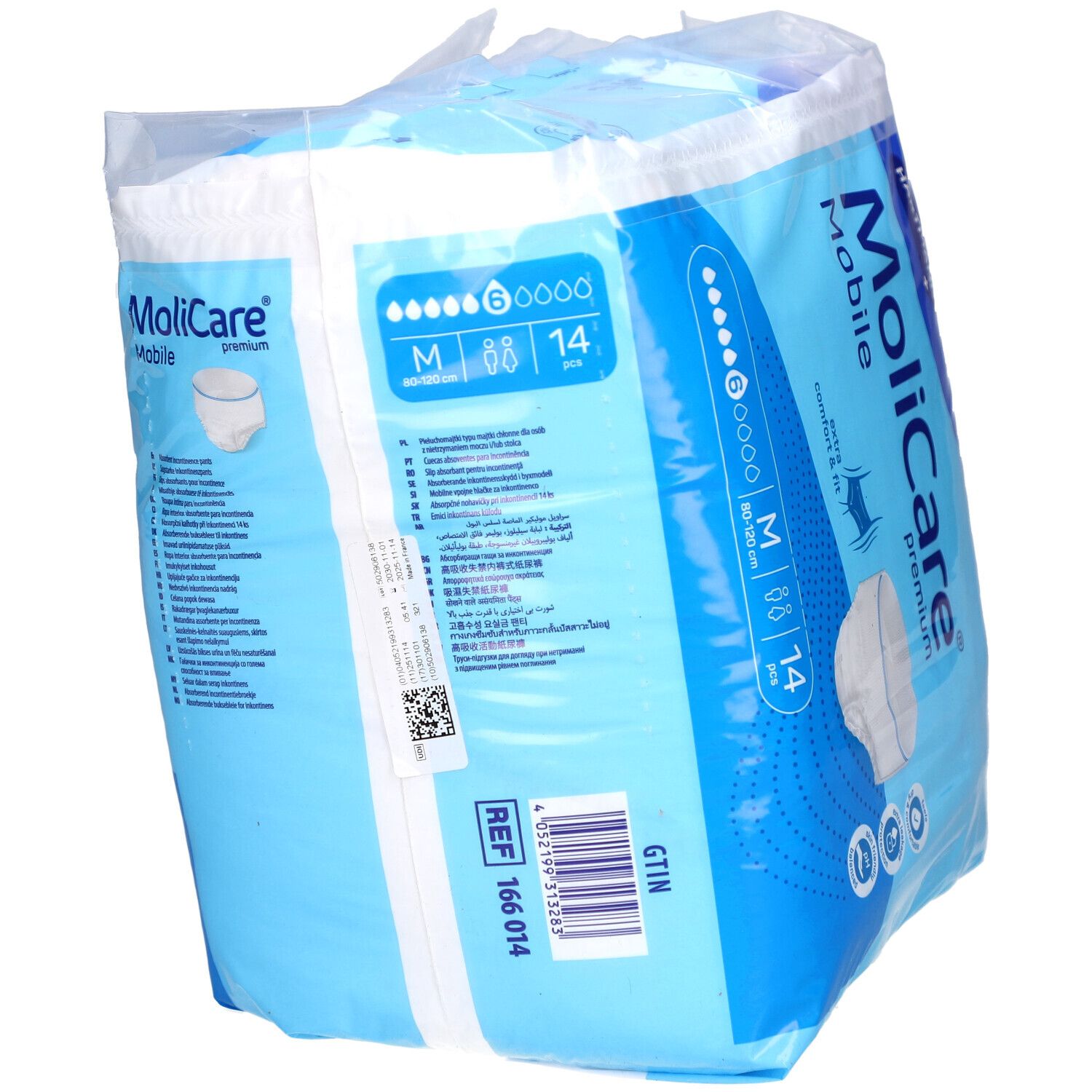 Paquet de MoliCare Mobile, taille M, 14 pièces. Emballage bleu avec image du produit et logo. Logo Hartmann.