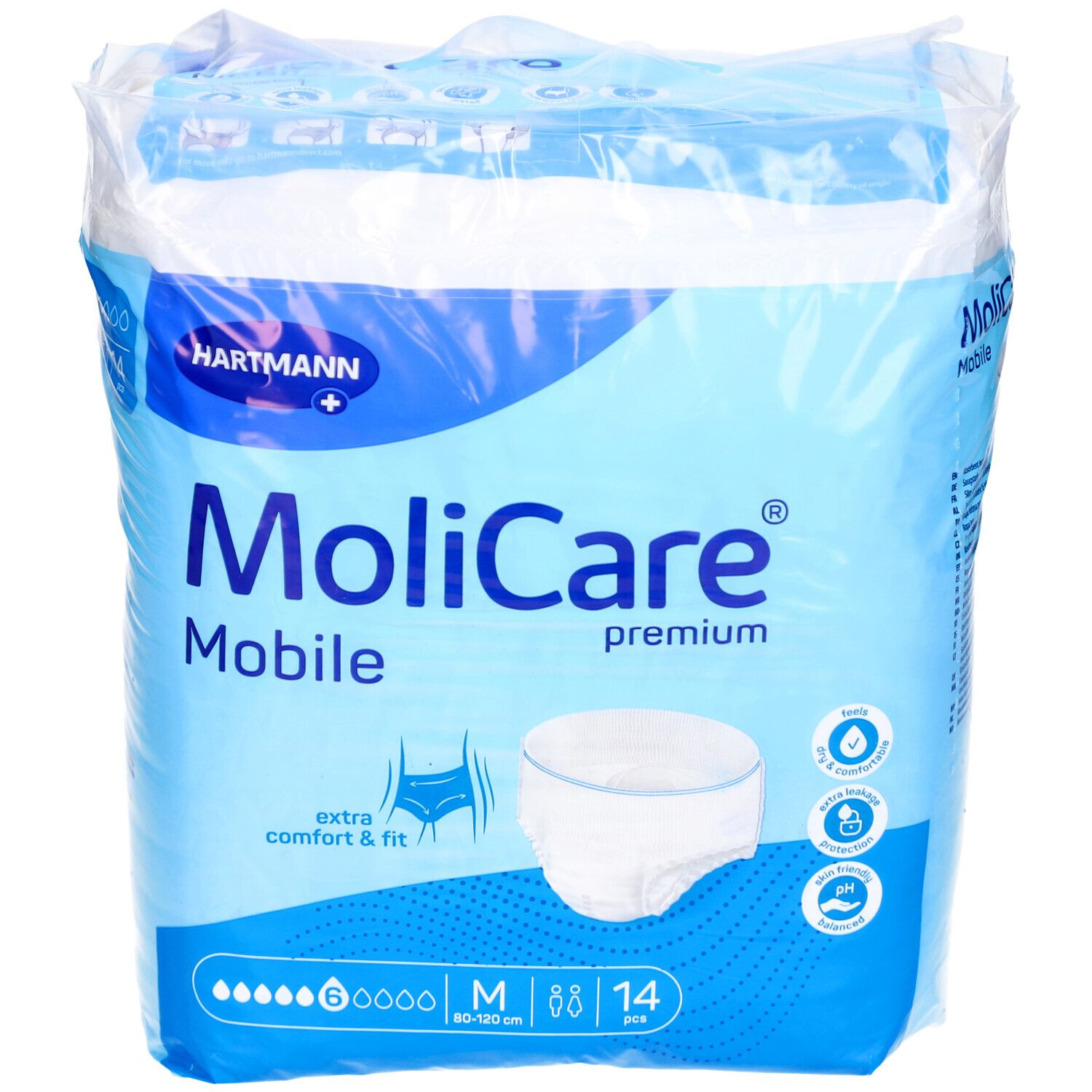 Paquet de MoliCare Mobile, taille M, 14 pièces. Emballage bleu avec image du produit et logo. Logo Hartmann.