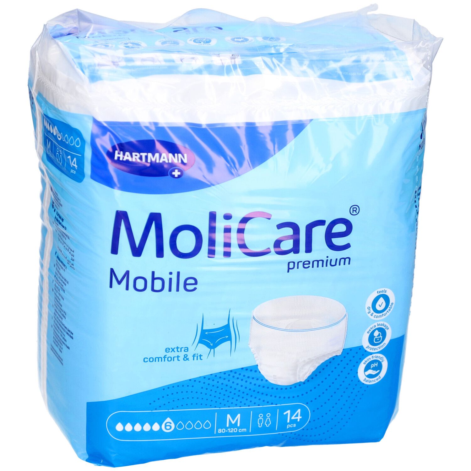 Paquet de MoliCare Mobile, taille M, 14 pièces. Emballage bleu avec image du produit et logo. Logo Hartmann.