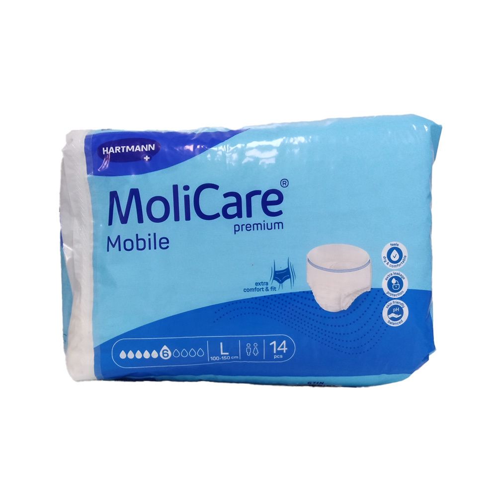 Emballage bleu clair avec image du produit. Inscription : MoliCare Mobile, Premium. Taille L, 14 pièces. Logo Hartmann.