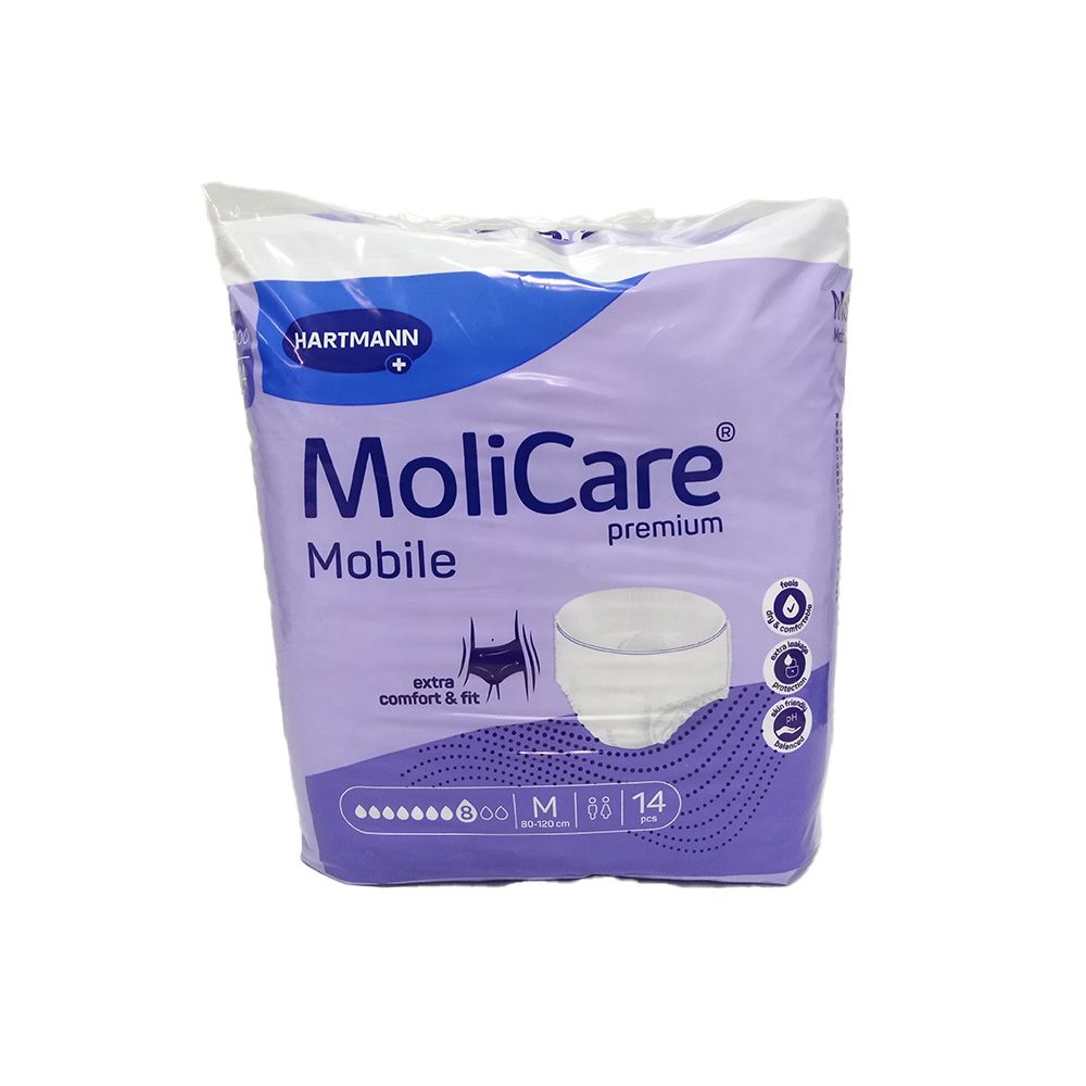 Paquet de MoliCare Mobile Premium, taille M. Logo Hartmann. Illustration de la protection. 14 unités.
