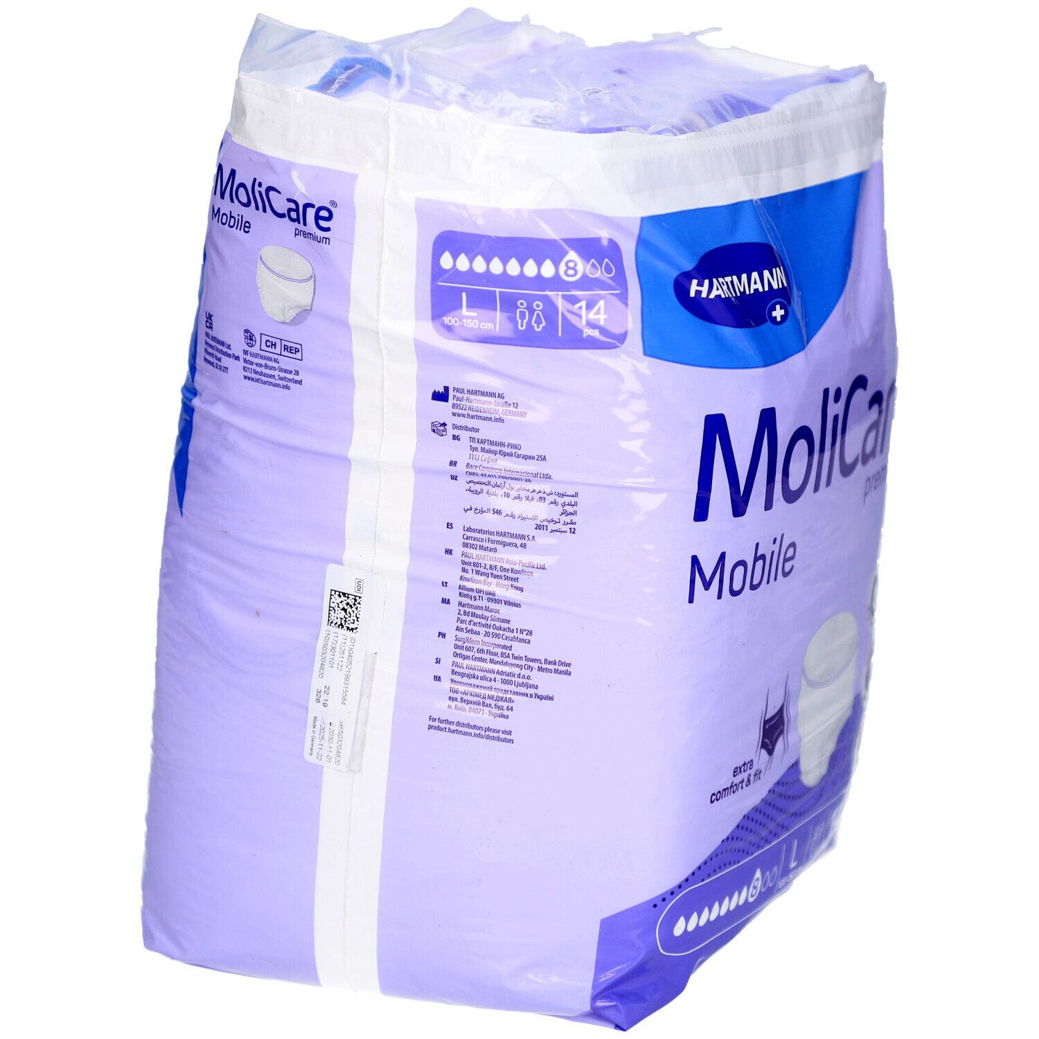 Paquet de MoliCare Mobile Premium, taille L, 14 pièces. Marque Hartmann. Contient 8 gouttes. Informations produit au dos.