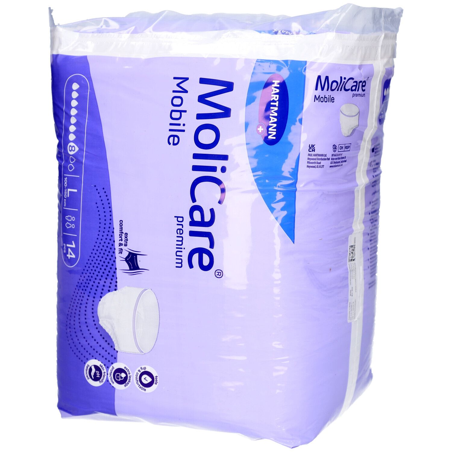 Paquet de MoliCare Mobile Premium, taille L, 14 pièces. Marque Hartmann. Contient 8 gouttes. Confort et ajustement.