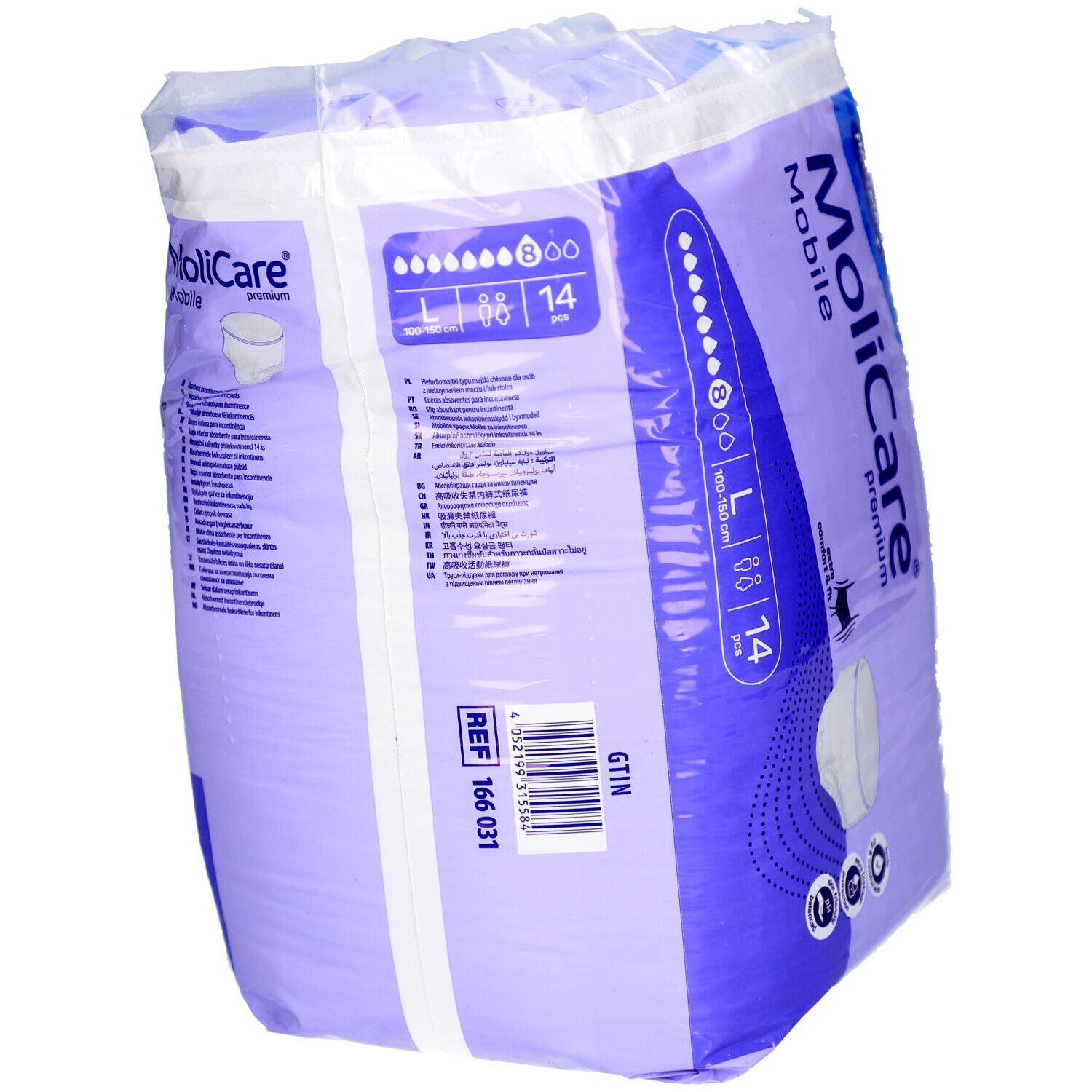 Paquet de MoliCare Mobile Premium, taille L, 14 pièces. Contient 8 gouttes. Informations produit et référence au dos.