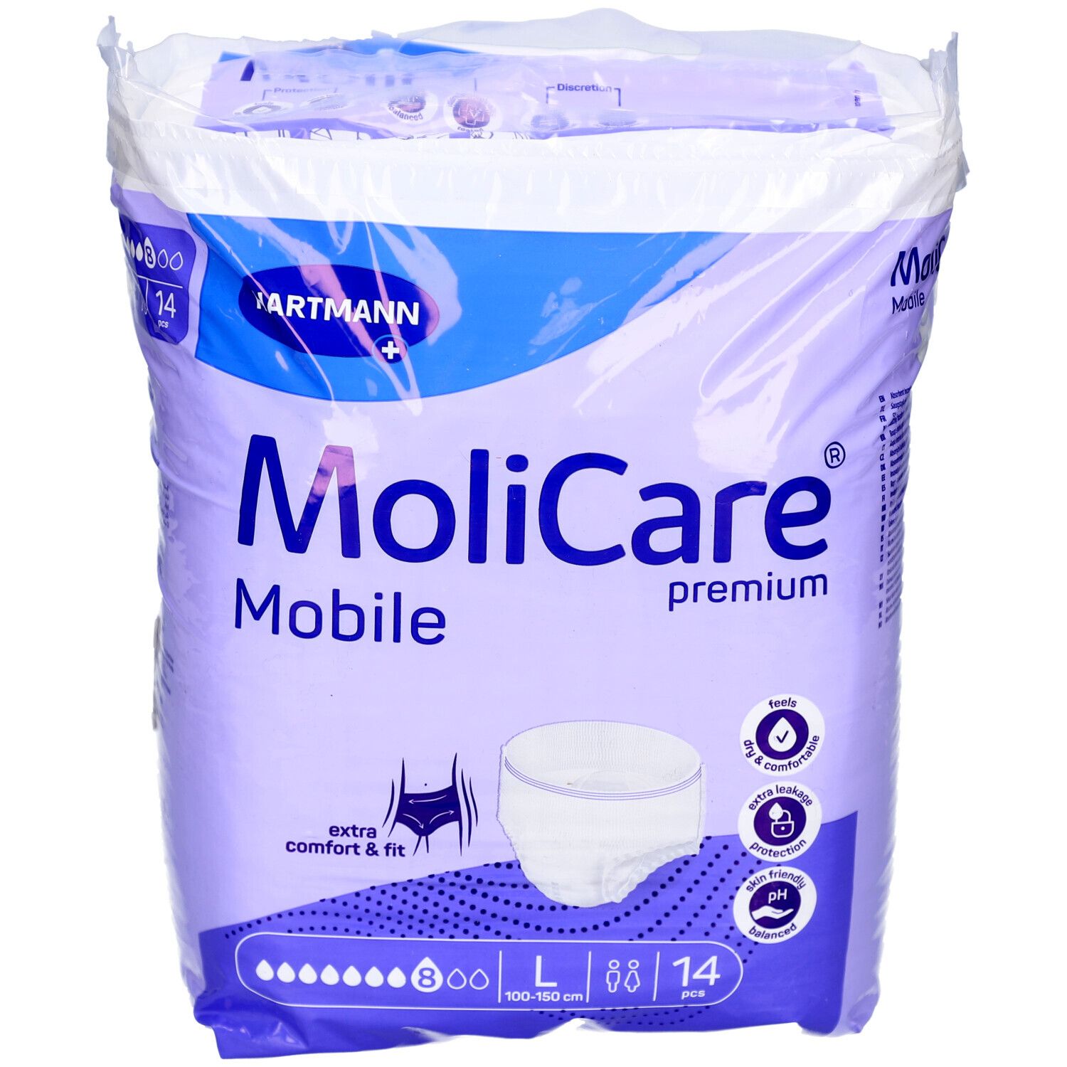 Paquet de MoliCare Mobile Premium, taille L, 14 pièces. Contient 8 gouttes. Marque Hartmann. Confort et ajustement.