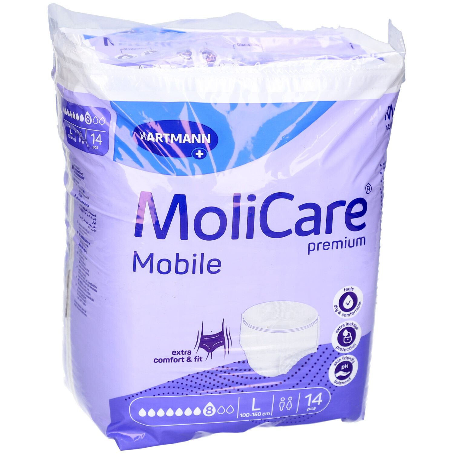 Paquet de MoliCare Mobile Premium, taille L, 14 pièces. Contient 8 gouttes. Marque Hartmann. Confort et ajustement.