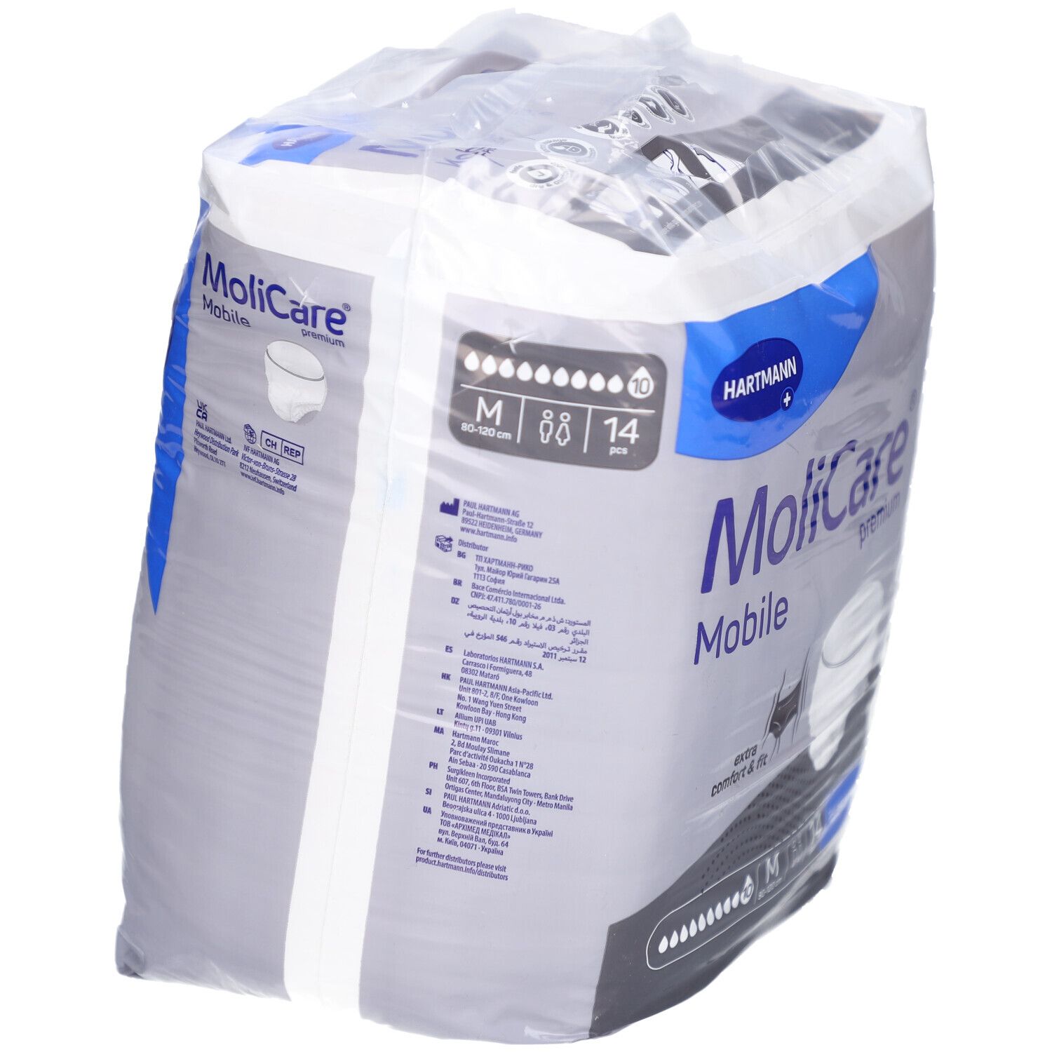 Paquet de MoliCare Mobile. Logo Hartmann. Taille M, 88 cm, 14 pièces. Informations produit sur l'emballage.