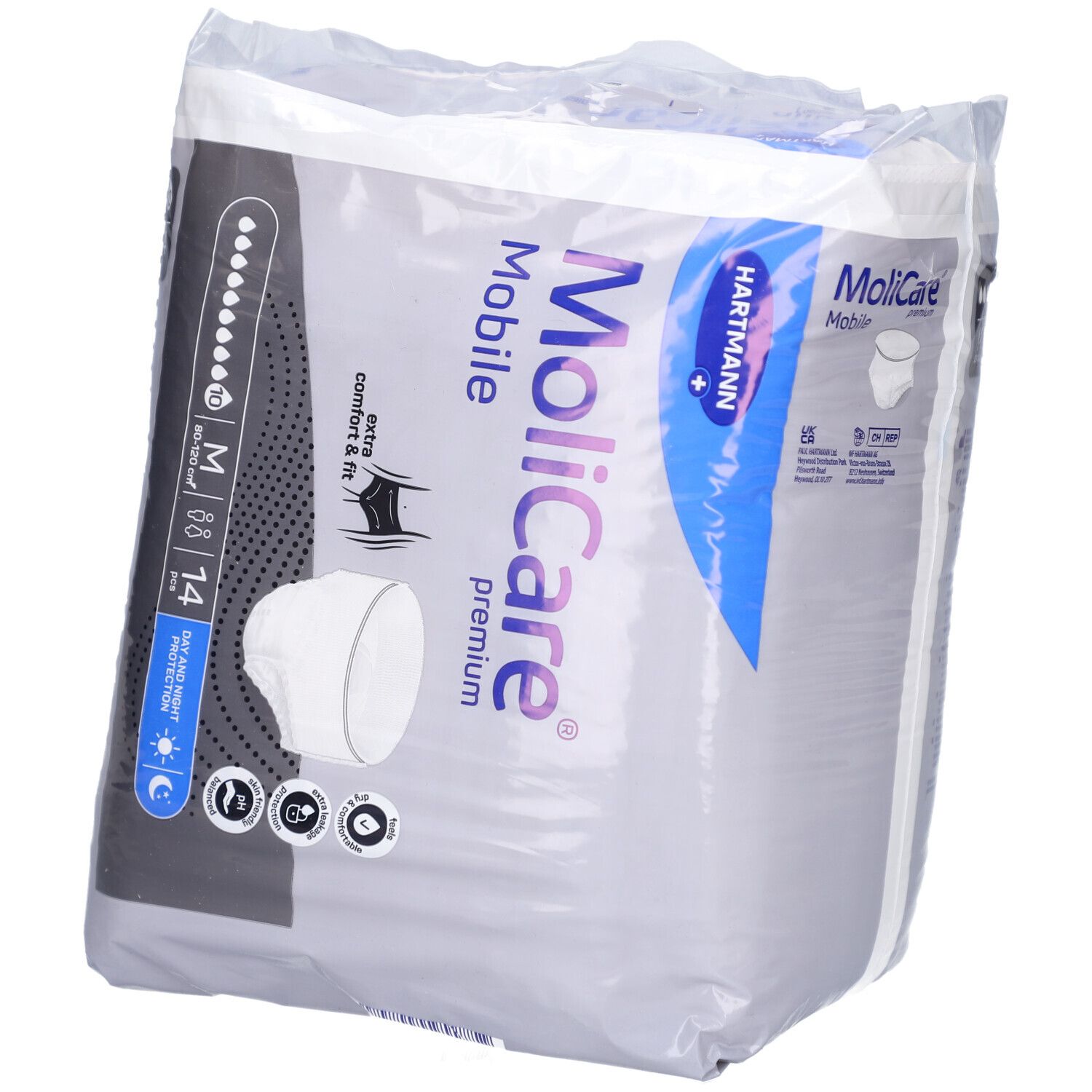 Paquet de MoliCare Mobile. Logo Hartmann. Taille M, 88 cm, 14 pièces. Protection jour et nuit. Confort et ajustement.