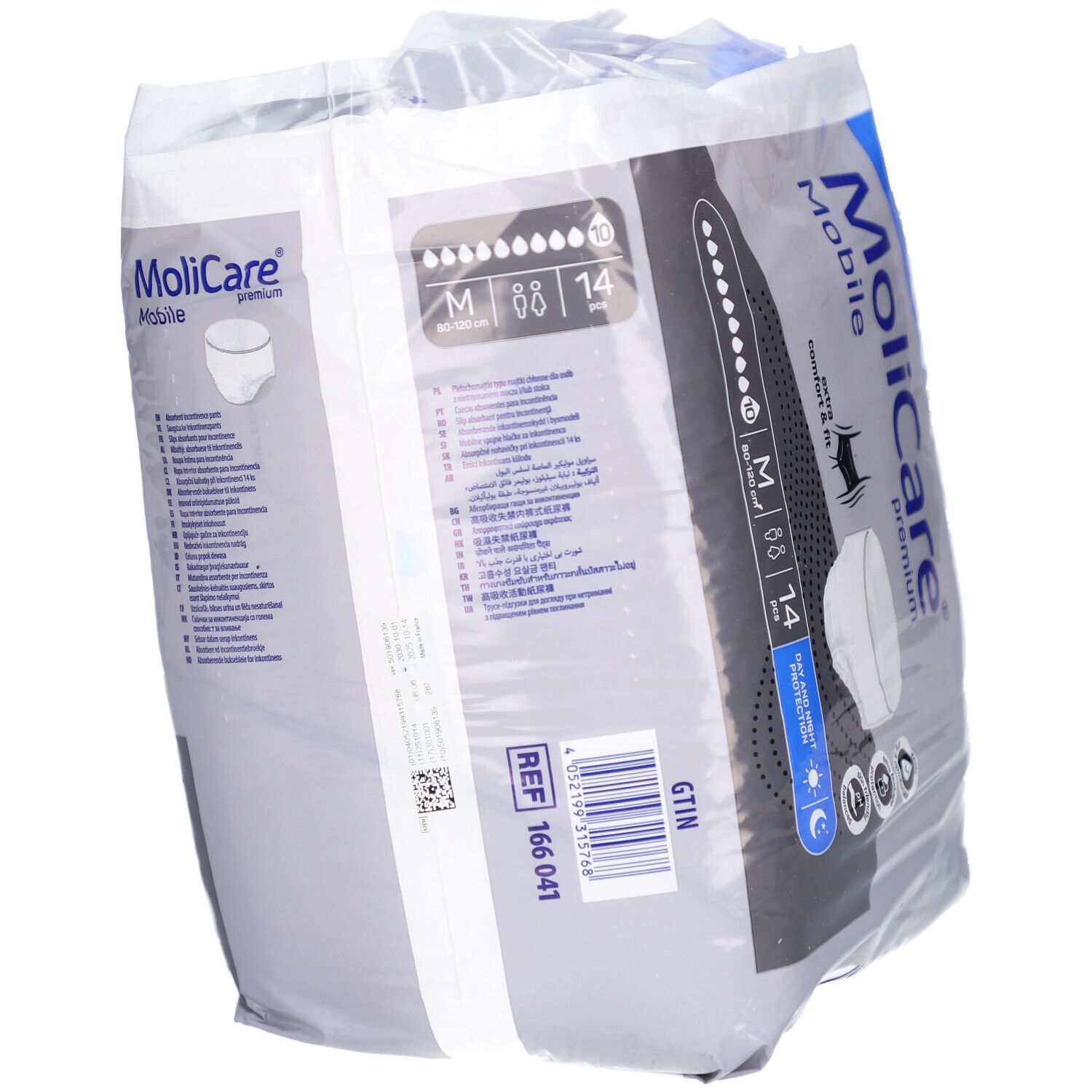 Dos du paquet MoliCare Mobile. Informations et code QR. Taille M, 14 pièces.