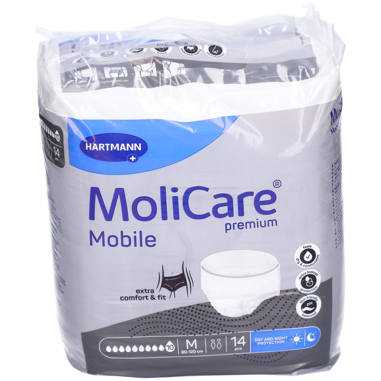 Paquet de MoliCare Mobile. Logo Hartmann. M, 80-120 cm, 14 pièces. Protection jour et nuit. Confort et ajustement.