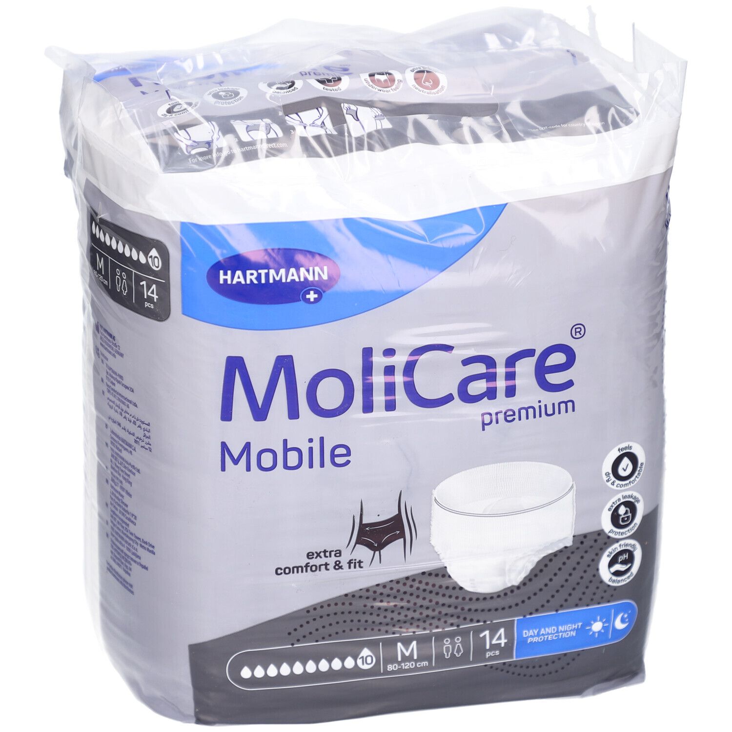 Paquet de MoliCare Mobile. Logo Hartmann. M, 80-120 cm, 14 pièces. Protection jour et nuit. Confort et ajustement.