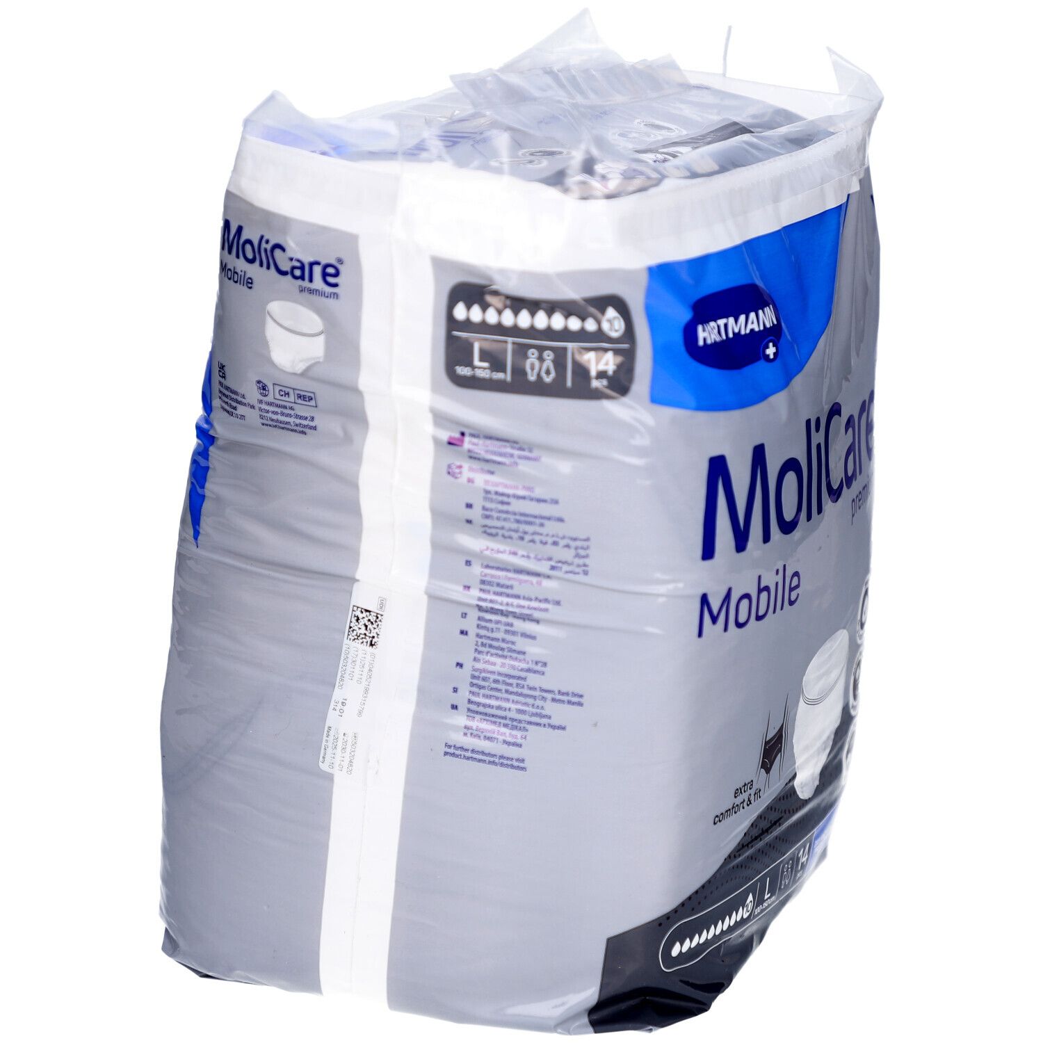 Paquet MoliCare Mobile. Informations produit au dos. Marque Hartmann. Taille L.